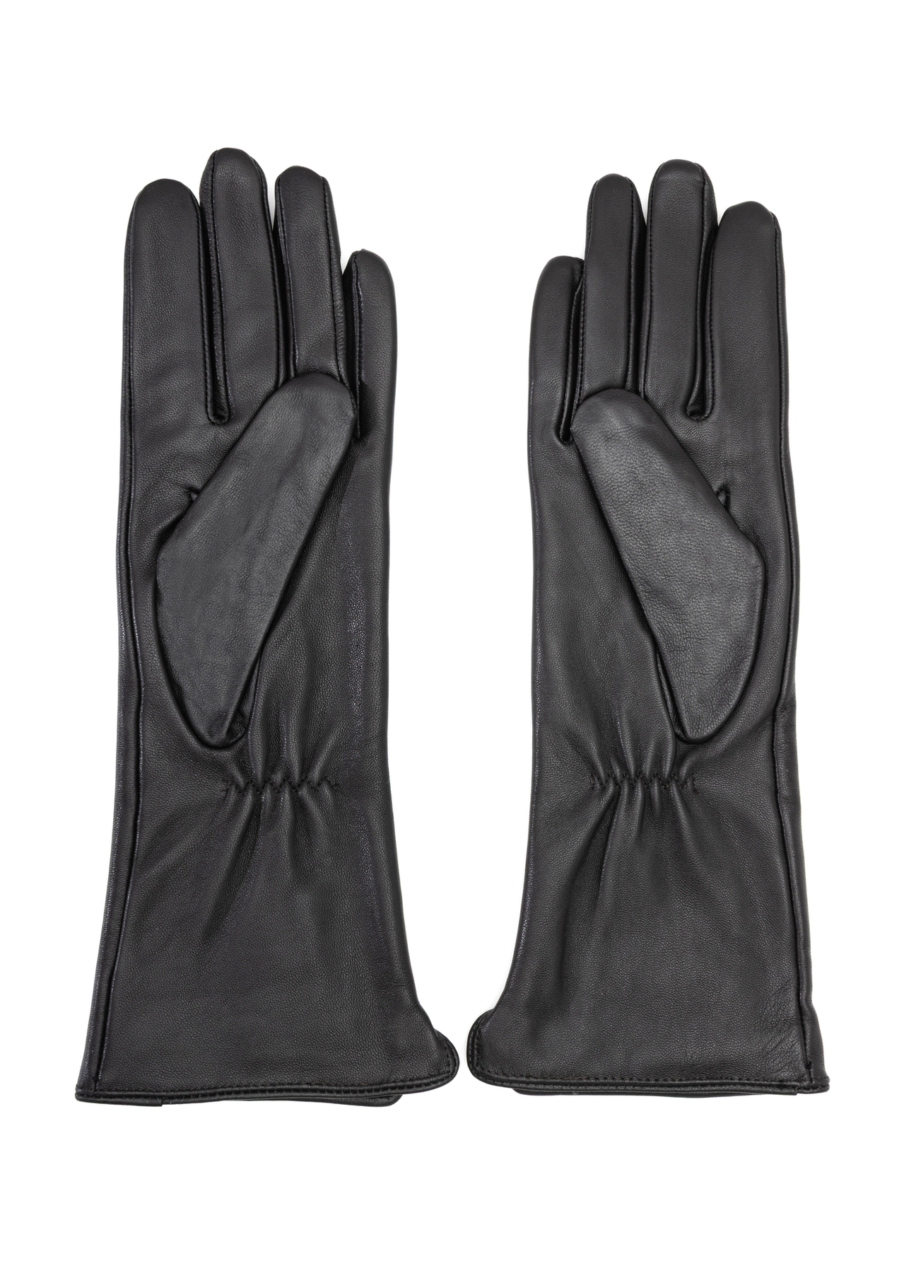 Long black leather women's gloves REKDS-0082A-99(Z25), product view from the back on a white background.