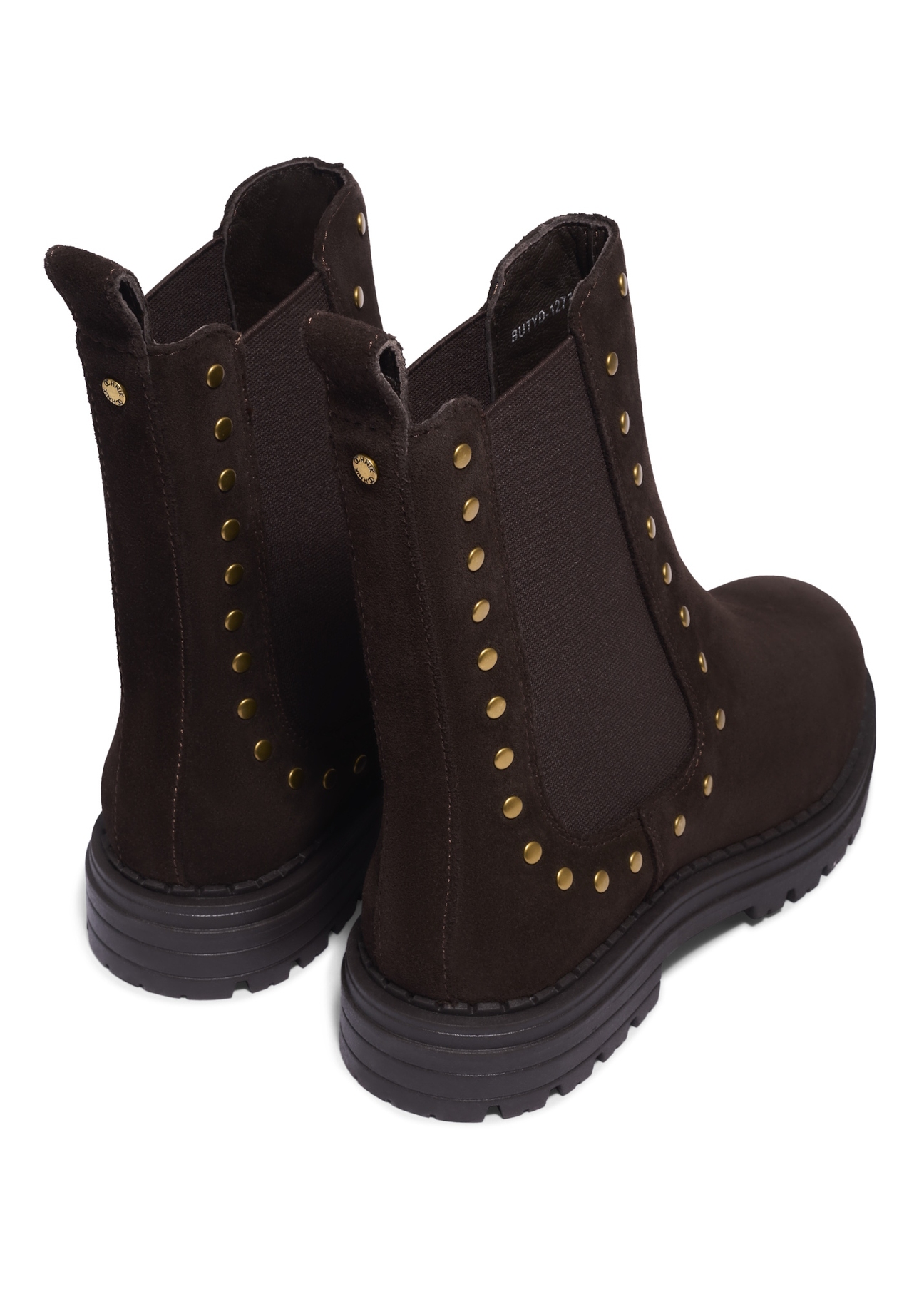 Dark brown suede women's Chelsea boots BUTYD-1277-1I(Z26), product view from the back on a white background.