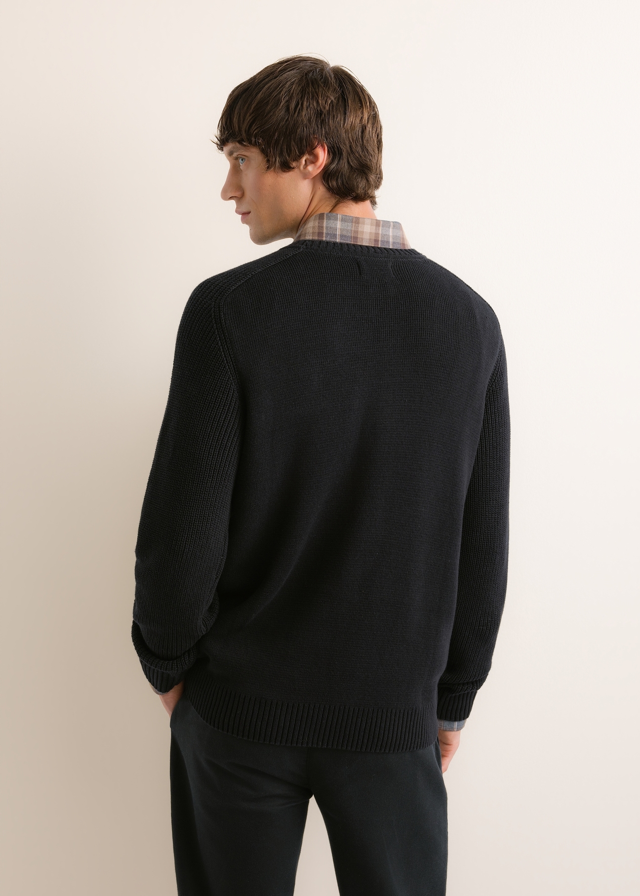 Men's black cotton sweater SWEMT-0208-99(Z26), rear view on a model. Half-body shot.