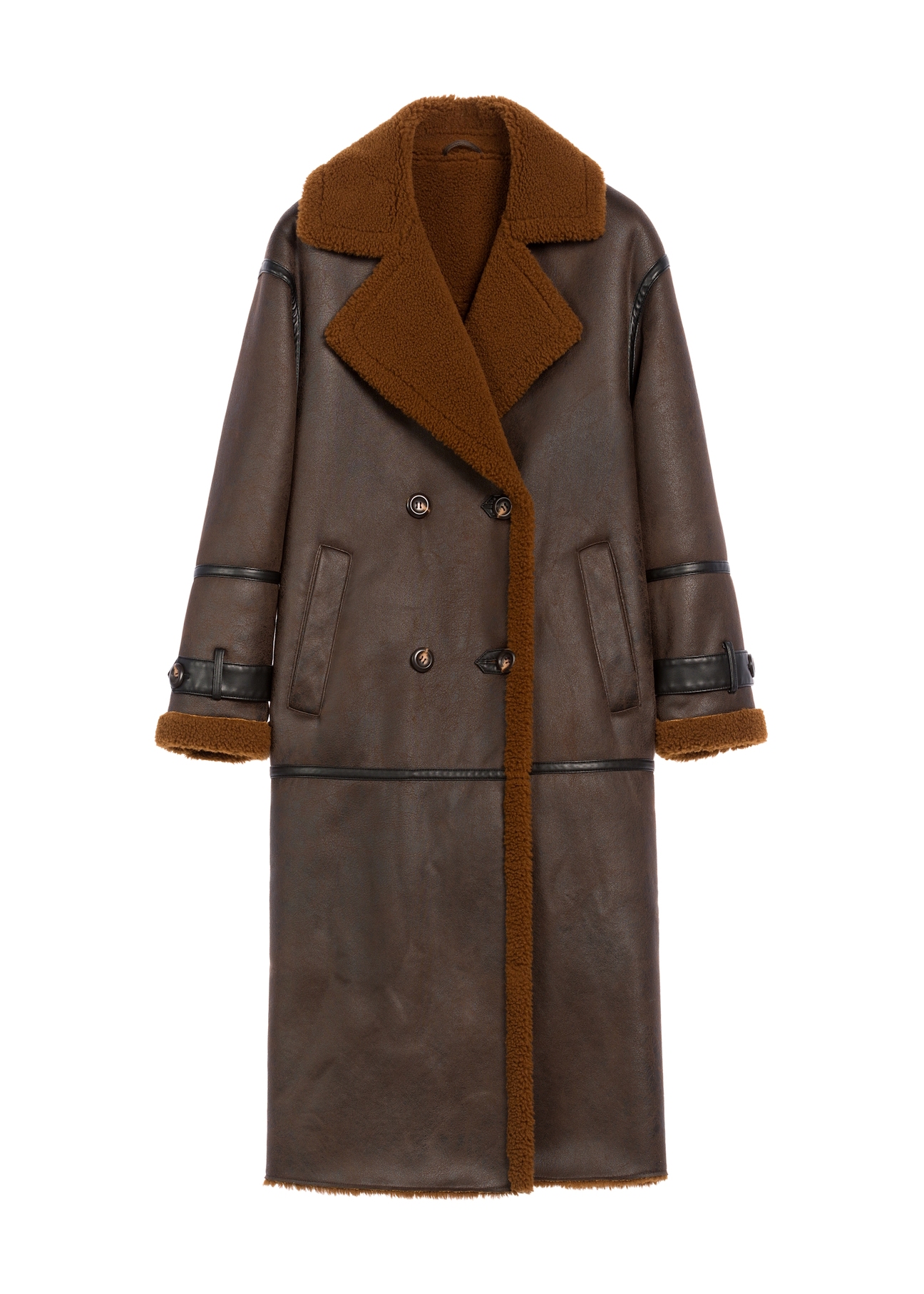 Long brown women's sheepskin coat KOZDP-0014-90(Z25), product view from the front on a white background.