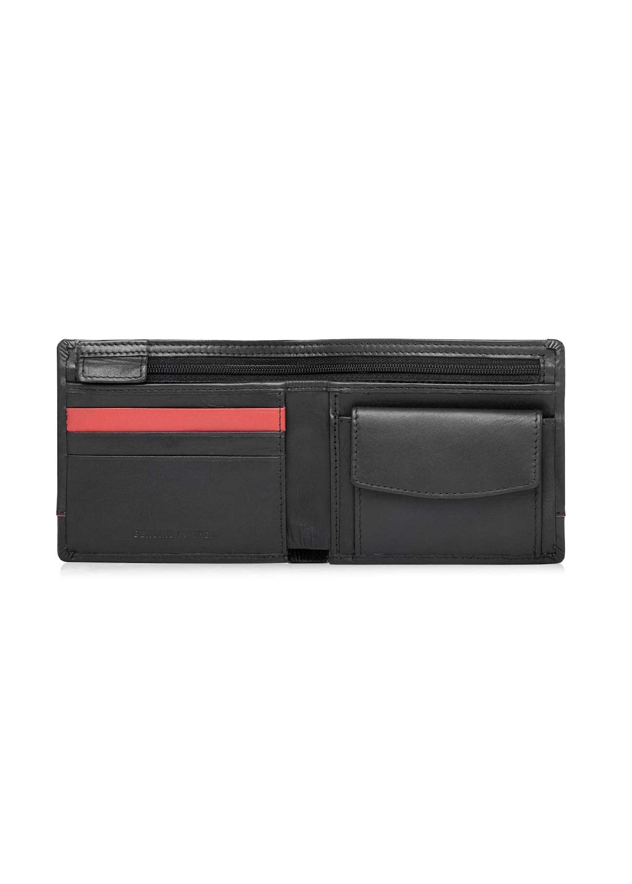 Black small leather men's wallet PORMS-0696-9J(W26), product view inside on white background.