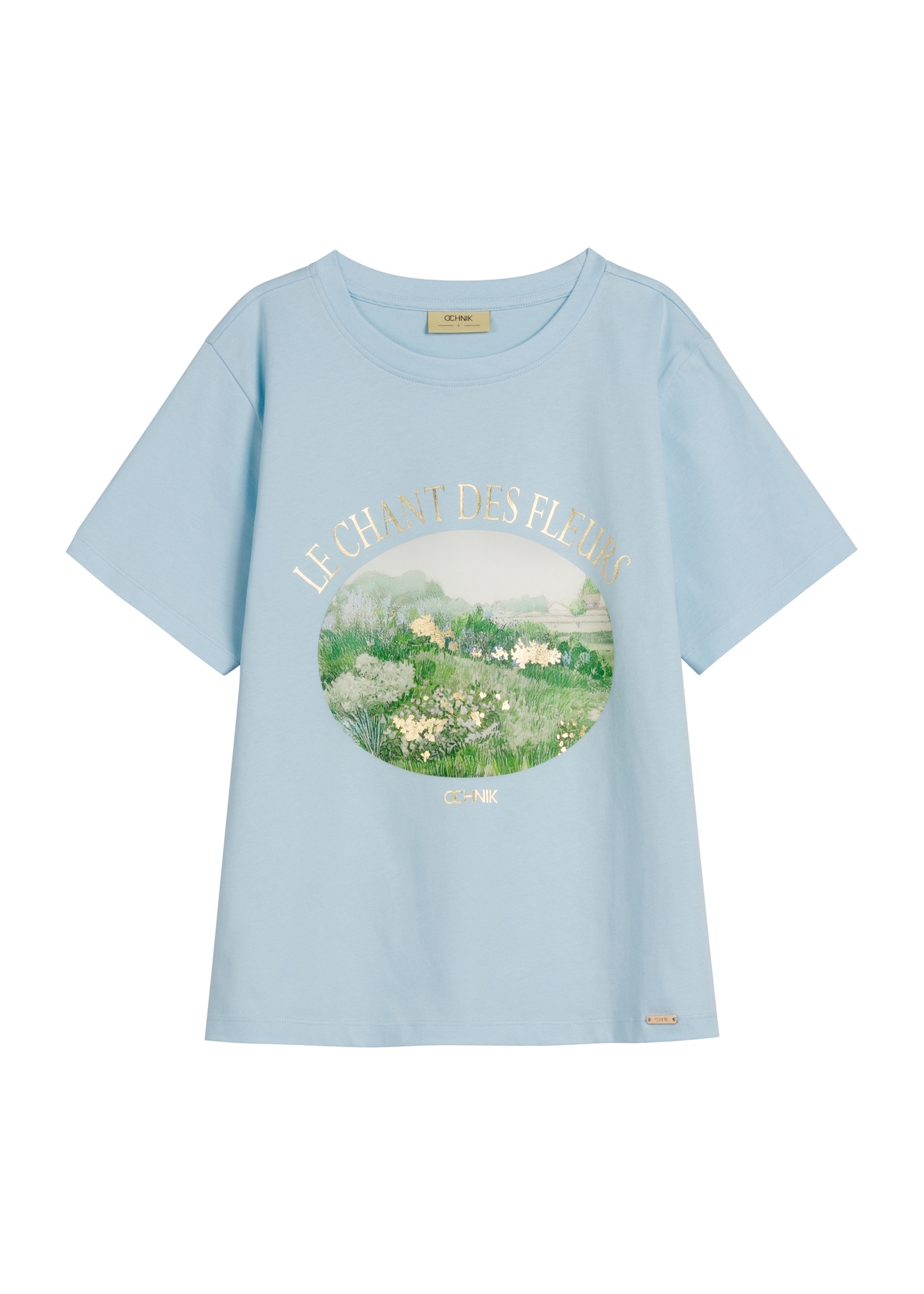 Blue women's t-shirt with print TSHDT-0159-7A(W26) - front product view, on white background.