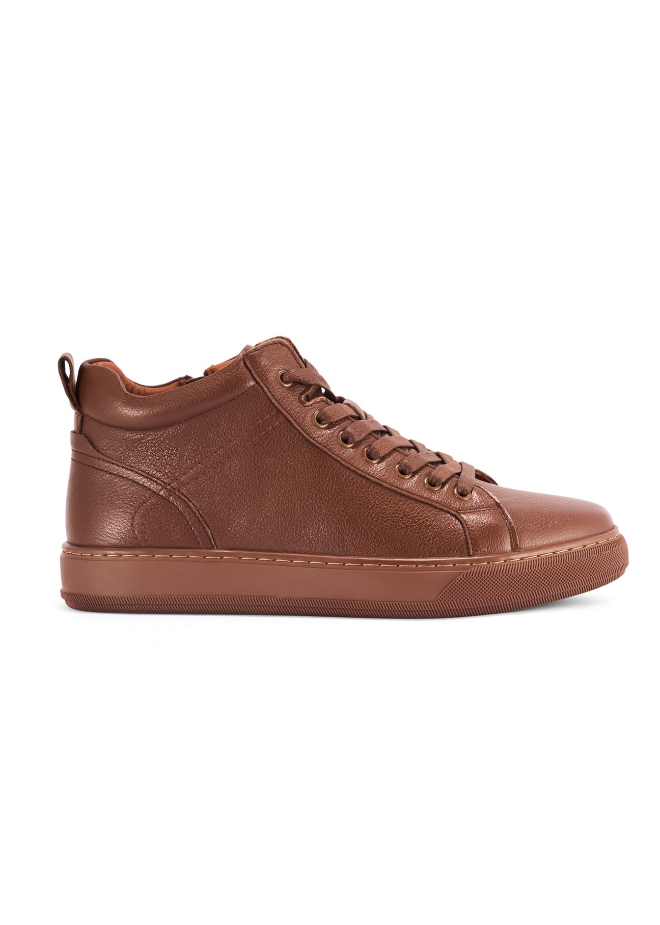 Brown men's leather sneakers BUTYM-0466-89(Z25) - side product view on white background.