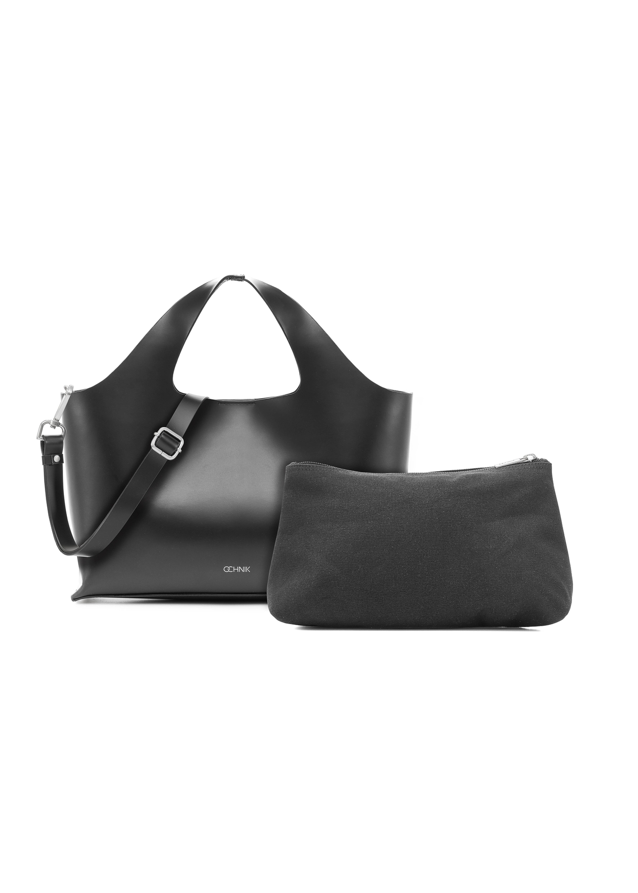 Black leather women's handbag TORES-1139-99(Z25), front view of the product and detachable cosmetic bag on a white background.