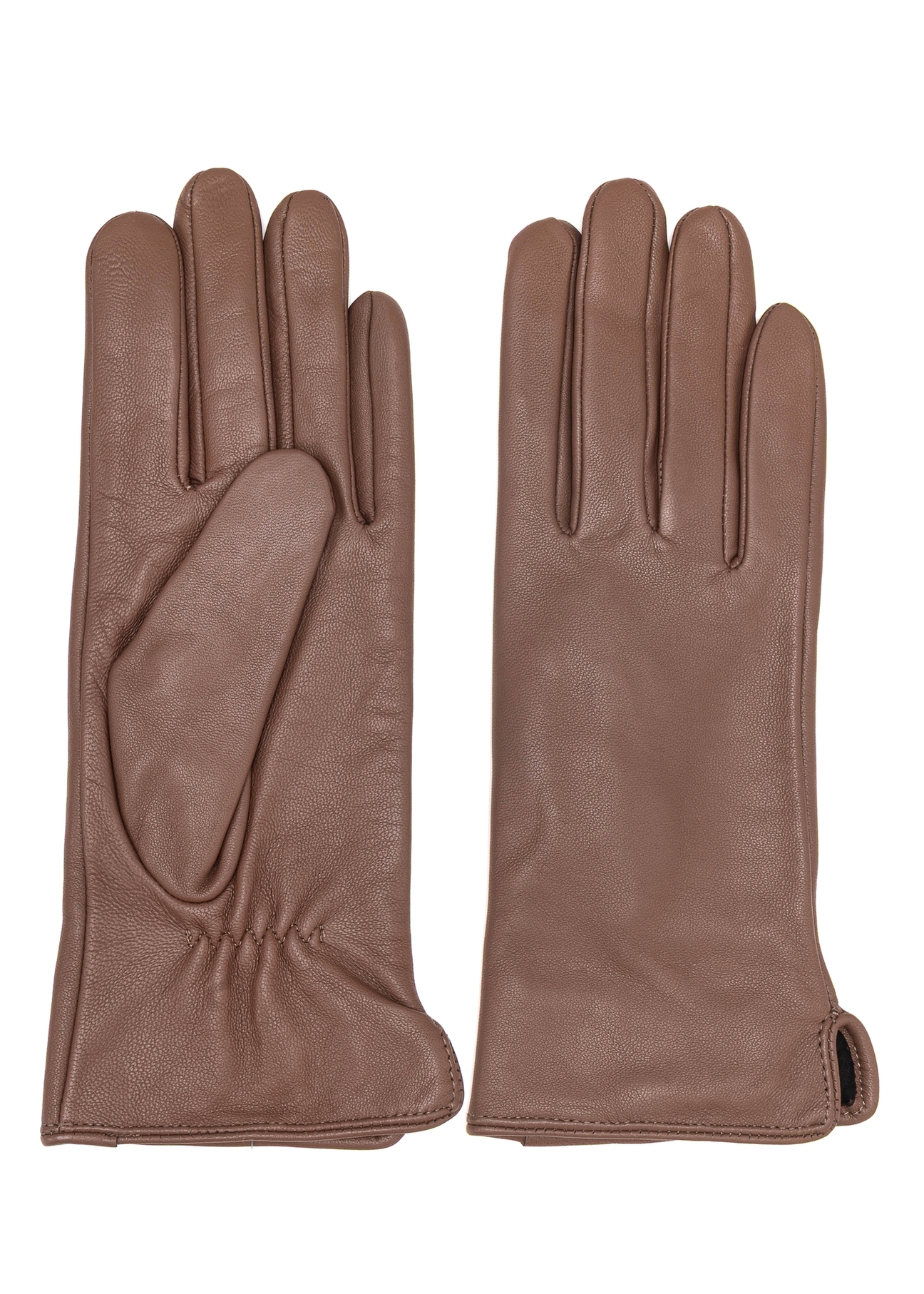 Women's camel leather gloves REKDS-0001A-24(Z25), product view from the front and back on a white background.