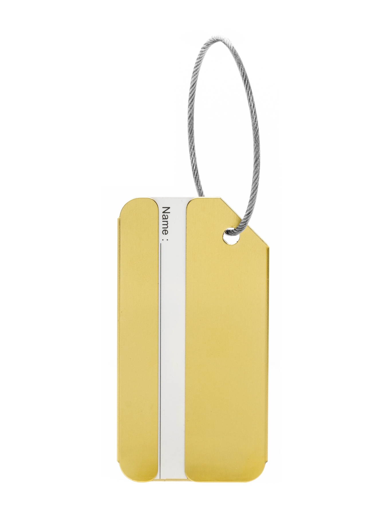 Gold luggage tag AW-012-0003-2X(W26), product back view on white background.