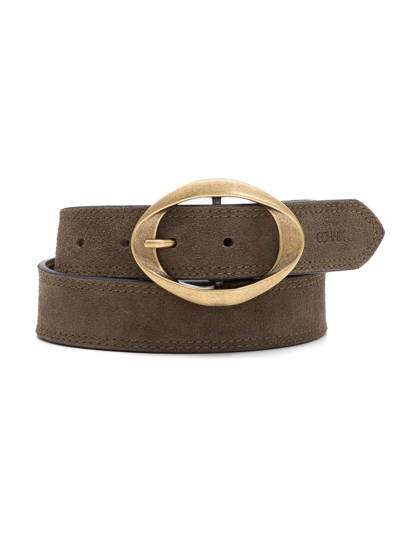 Olive suede women's belt PASDS-0318-57(Z25), front product view on white background.