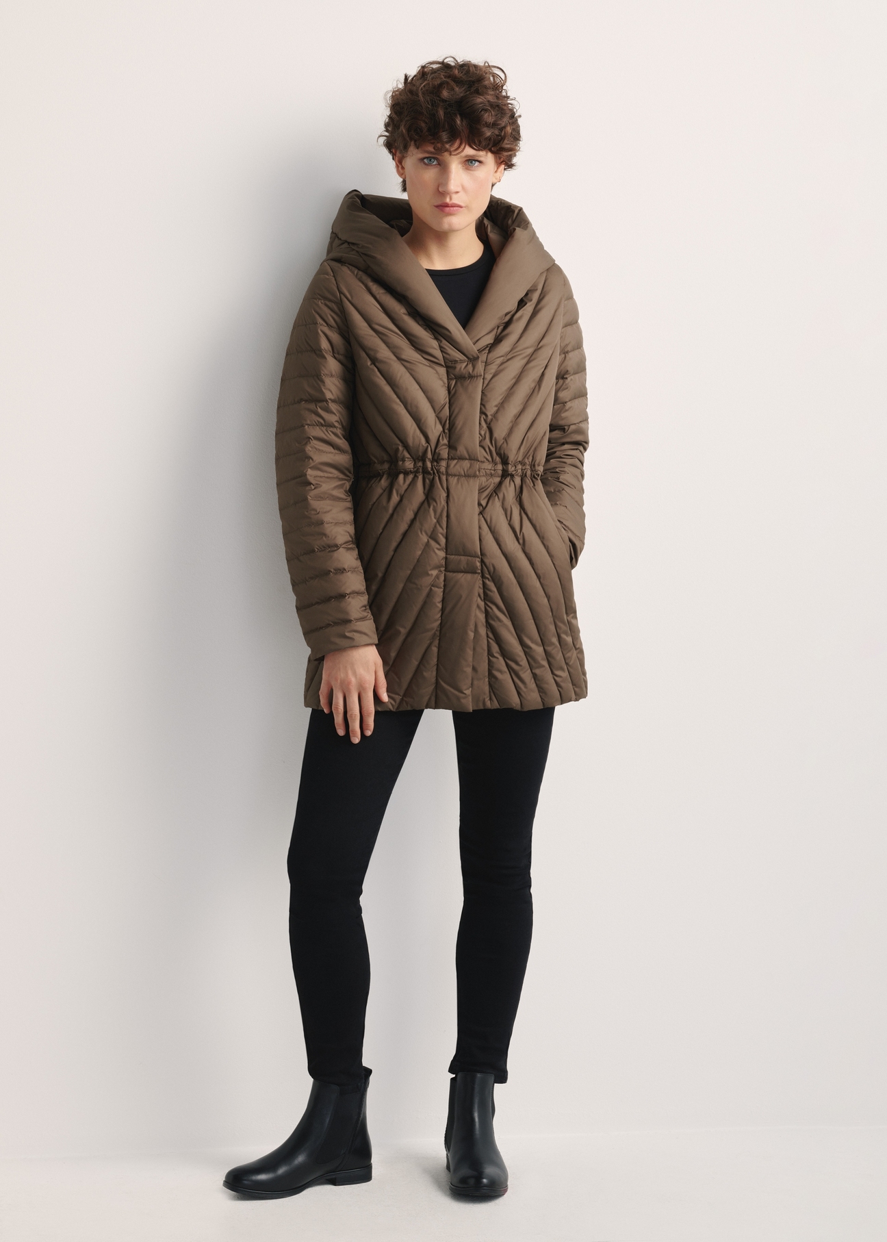 Brown women's quilted jacket KURDT-0524-89(Z25), front product view on model. Full silhouette visible.