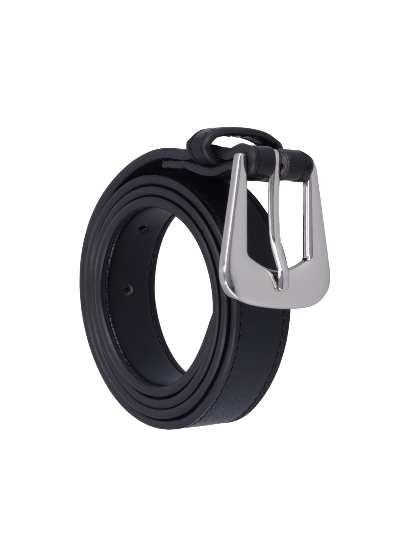 Black leather women's belt PASDS-0348-99(Z26), diagonal product view on white background.