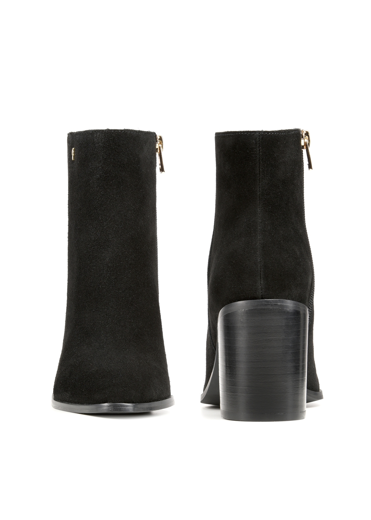 Black suede women's ankle boots BUTYD-1213-98(Z25), product view from the back and front on a white background.