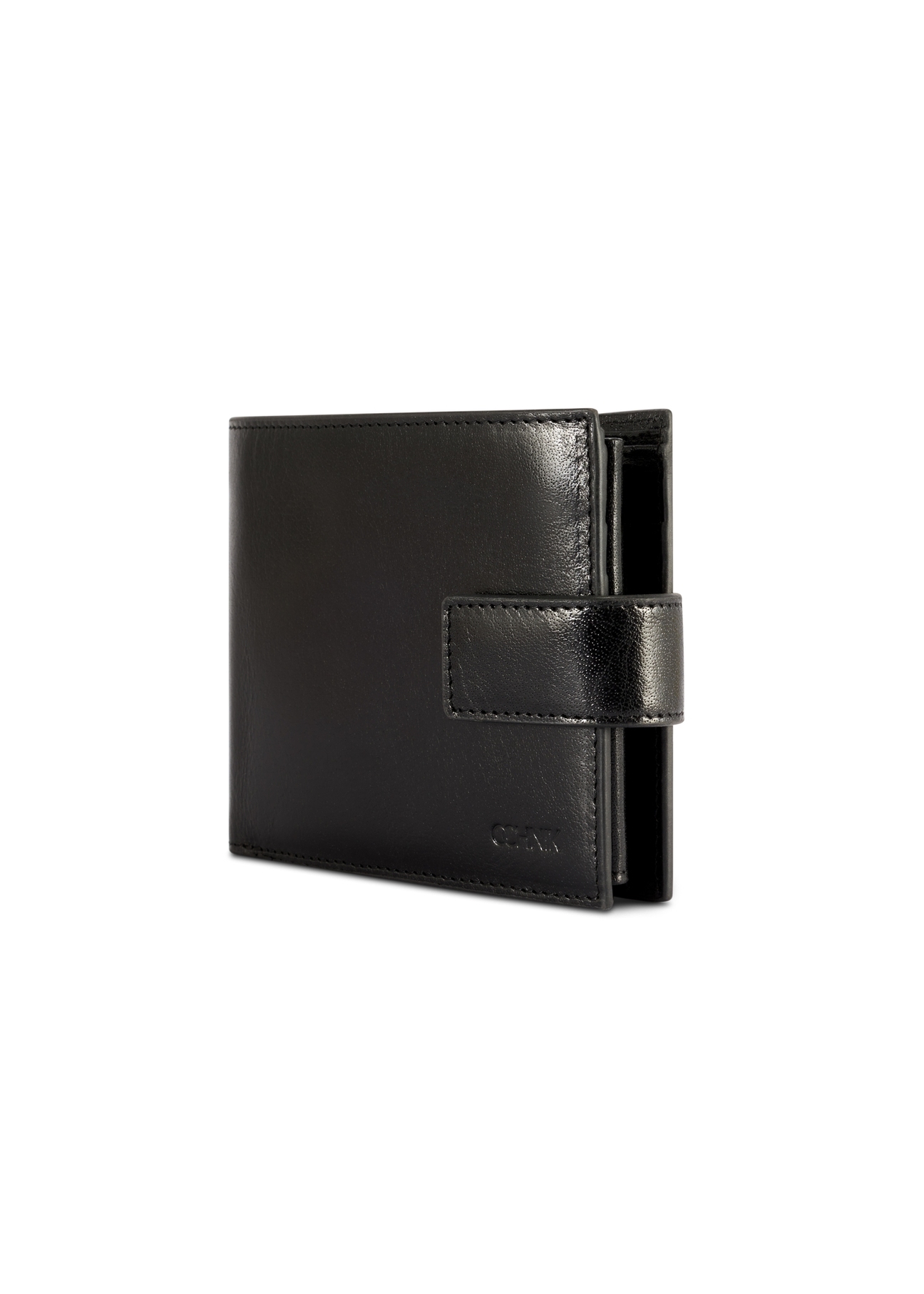 Black men's leather wallet PORMS-0676-99(W26), diagonal product view on white background.