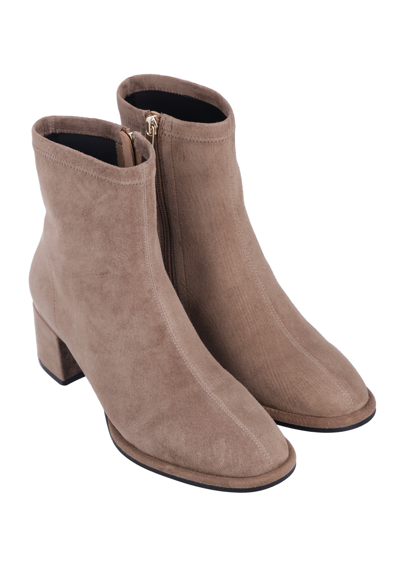 Women's suede ankle boots in cool beige color BUTYD-1341-1K(Z26), diagonal product view on a white background.