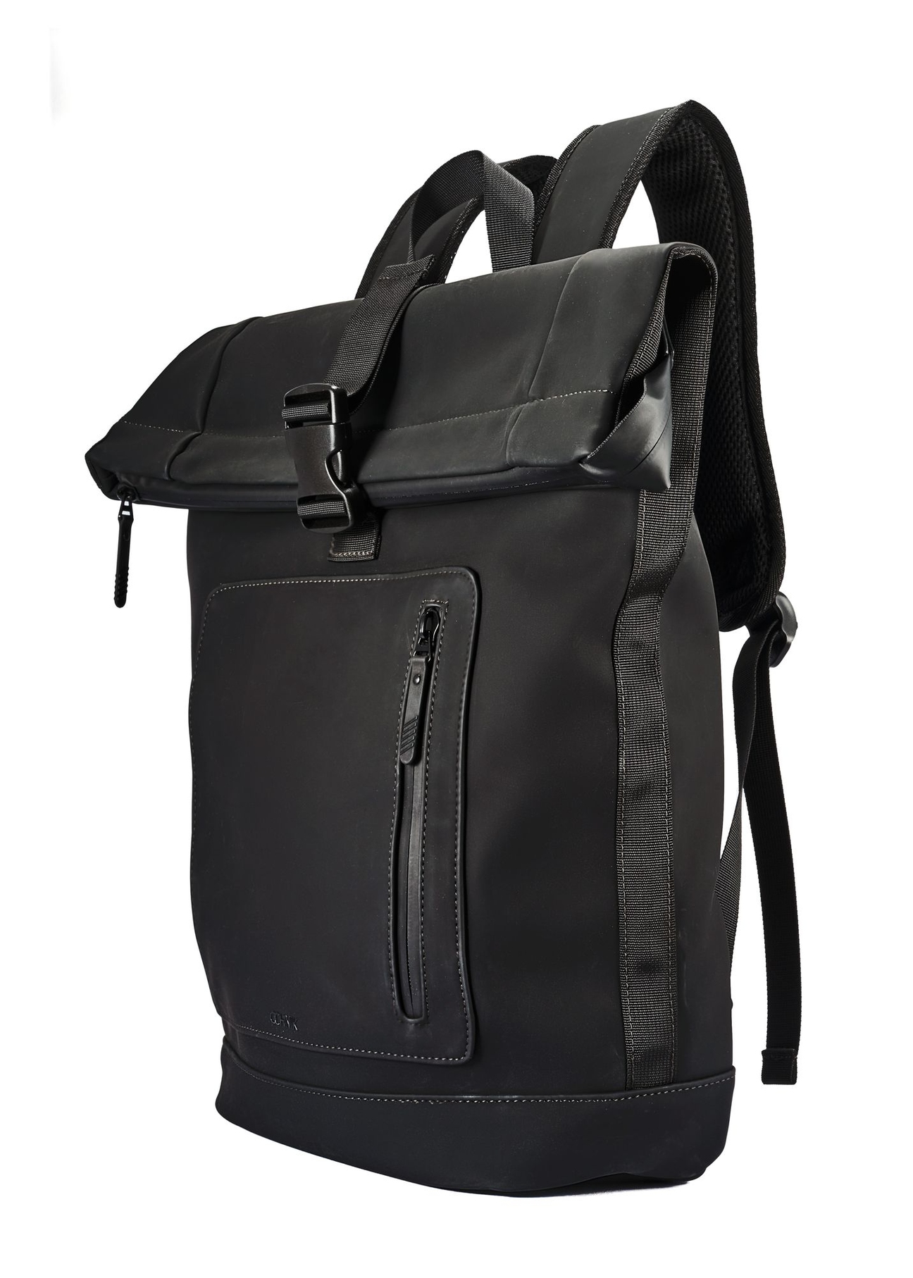Black men's backpack PLCMN-0016-99(Z25) - diagonal view of the product on a white background.