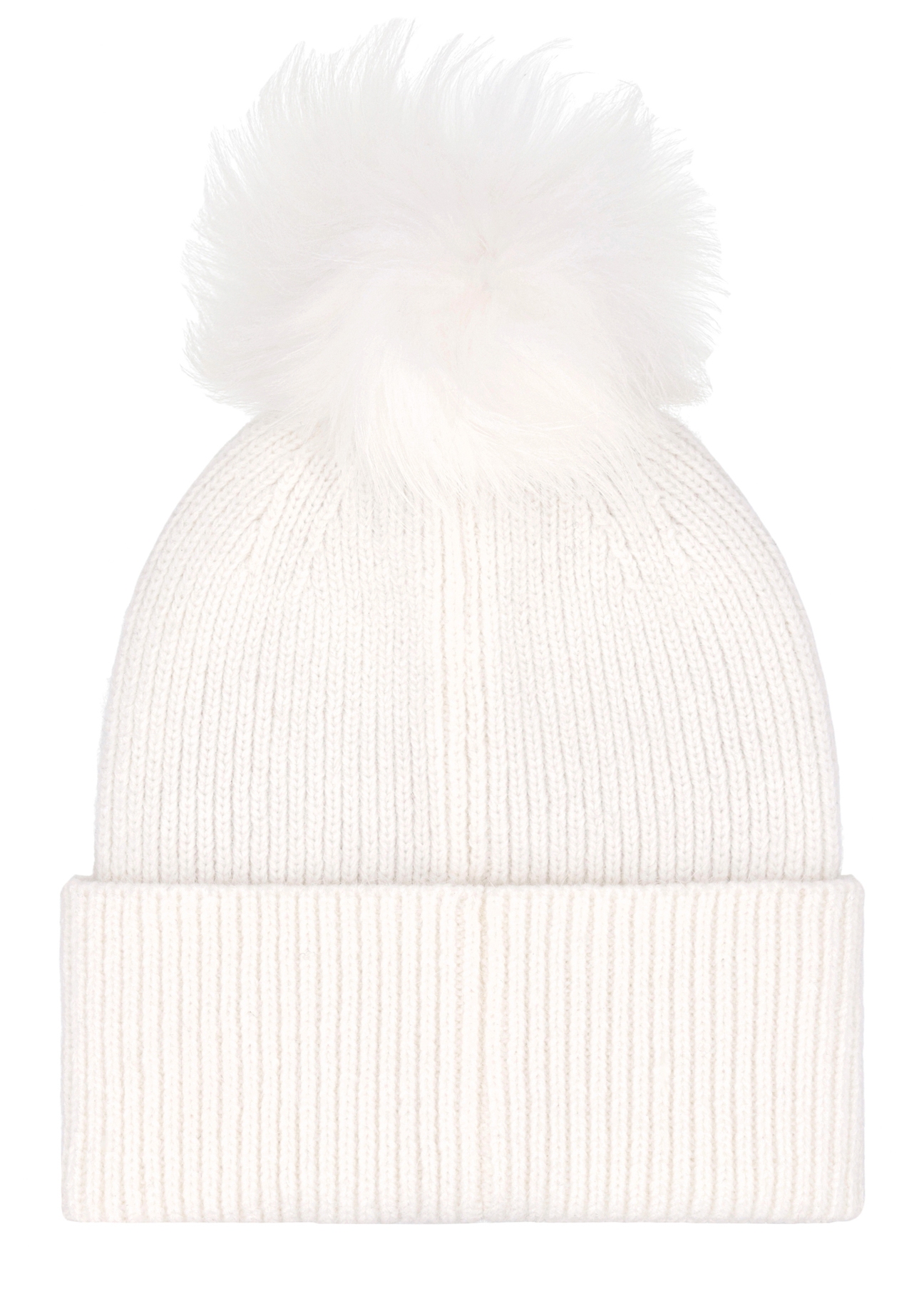 Women's ecru hat with fur pompom CZADT-0221-0B(Z26), back view of the product on a white background.