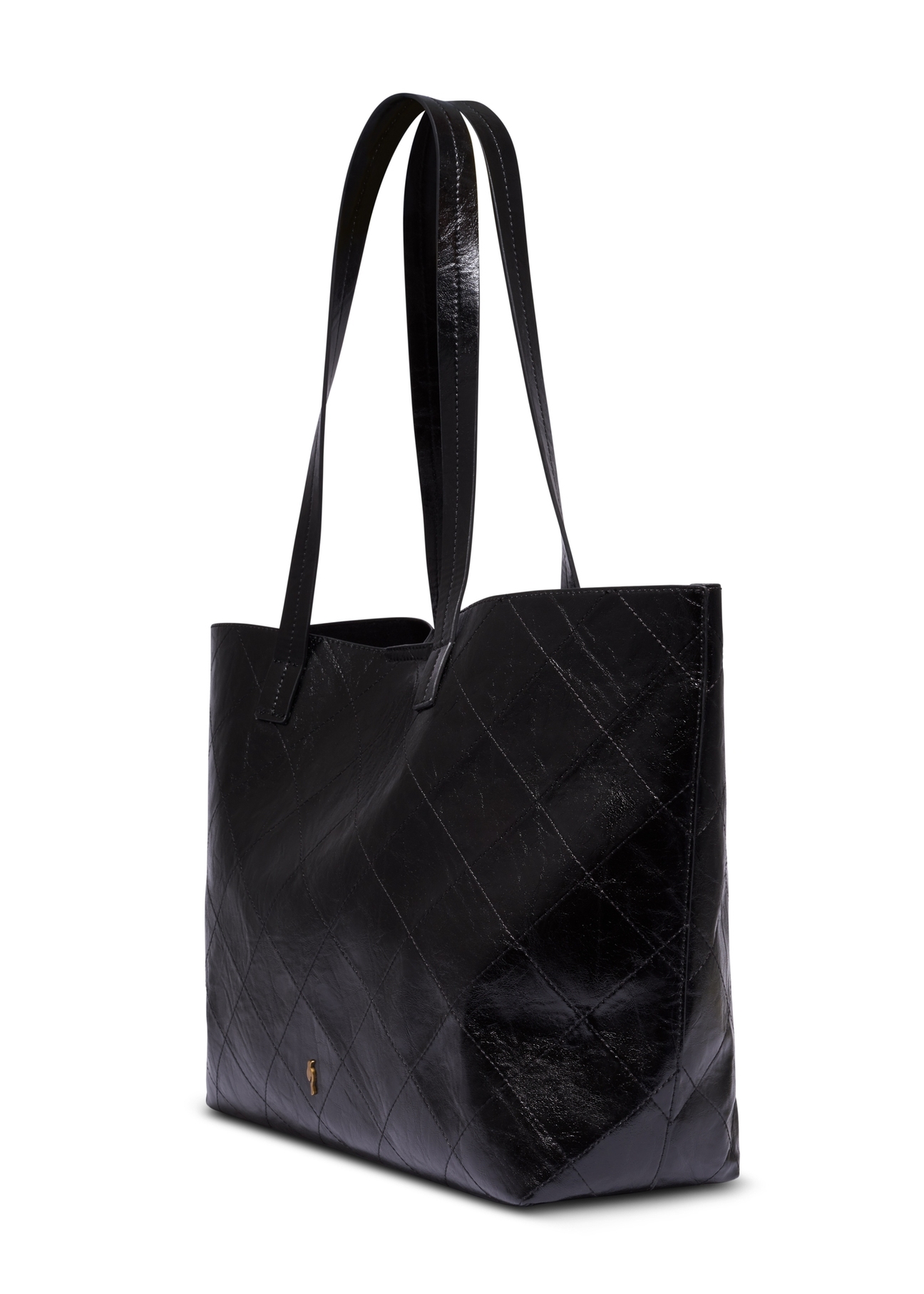 Black women's shopper bag with stitching TOREC-1247-9P(Z26), diagonal product view on a white background.