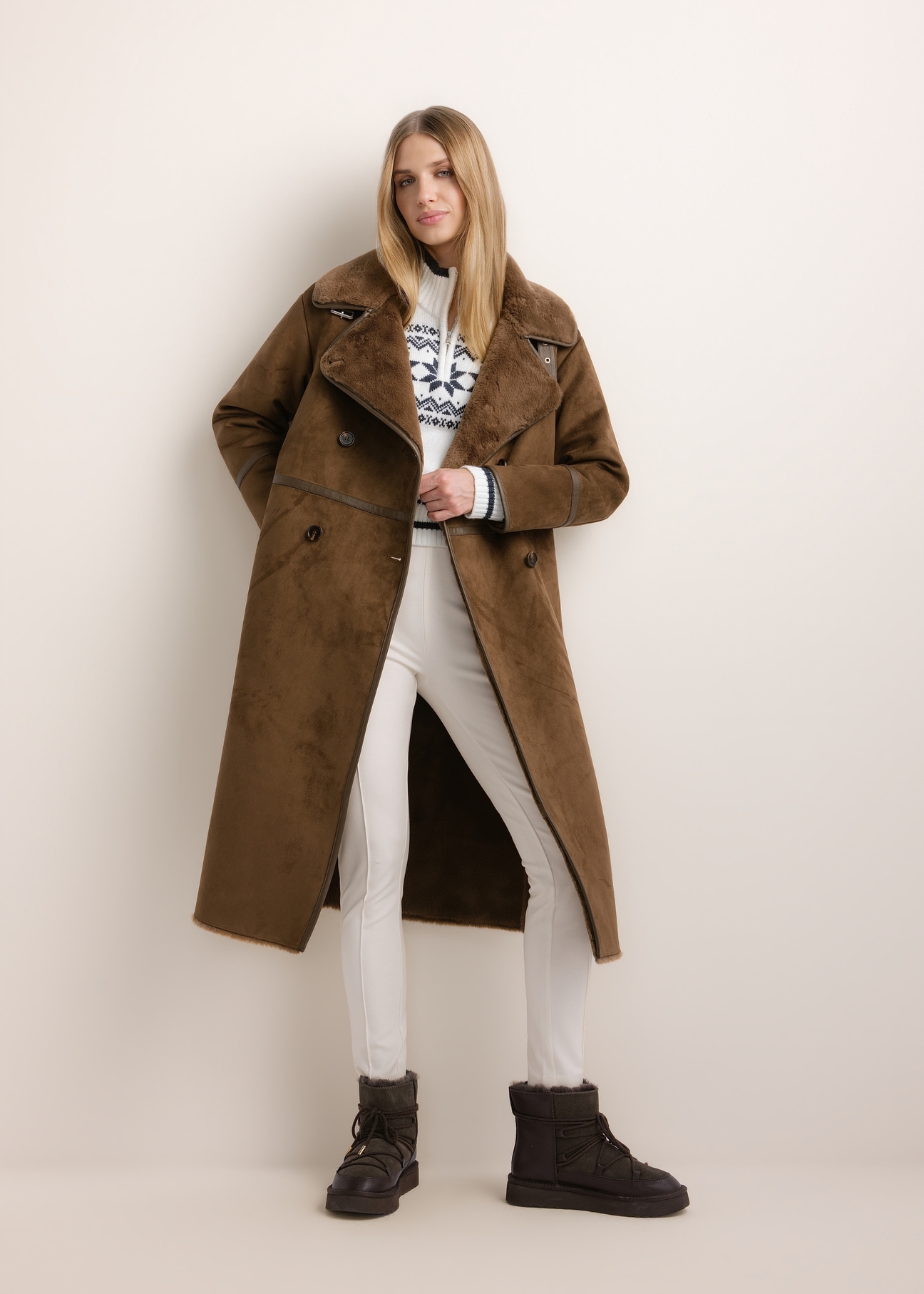 Long brown women's shearling coat KOZDP-0019-1H(Z26), front view on a model. Full-body shot.