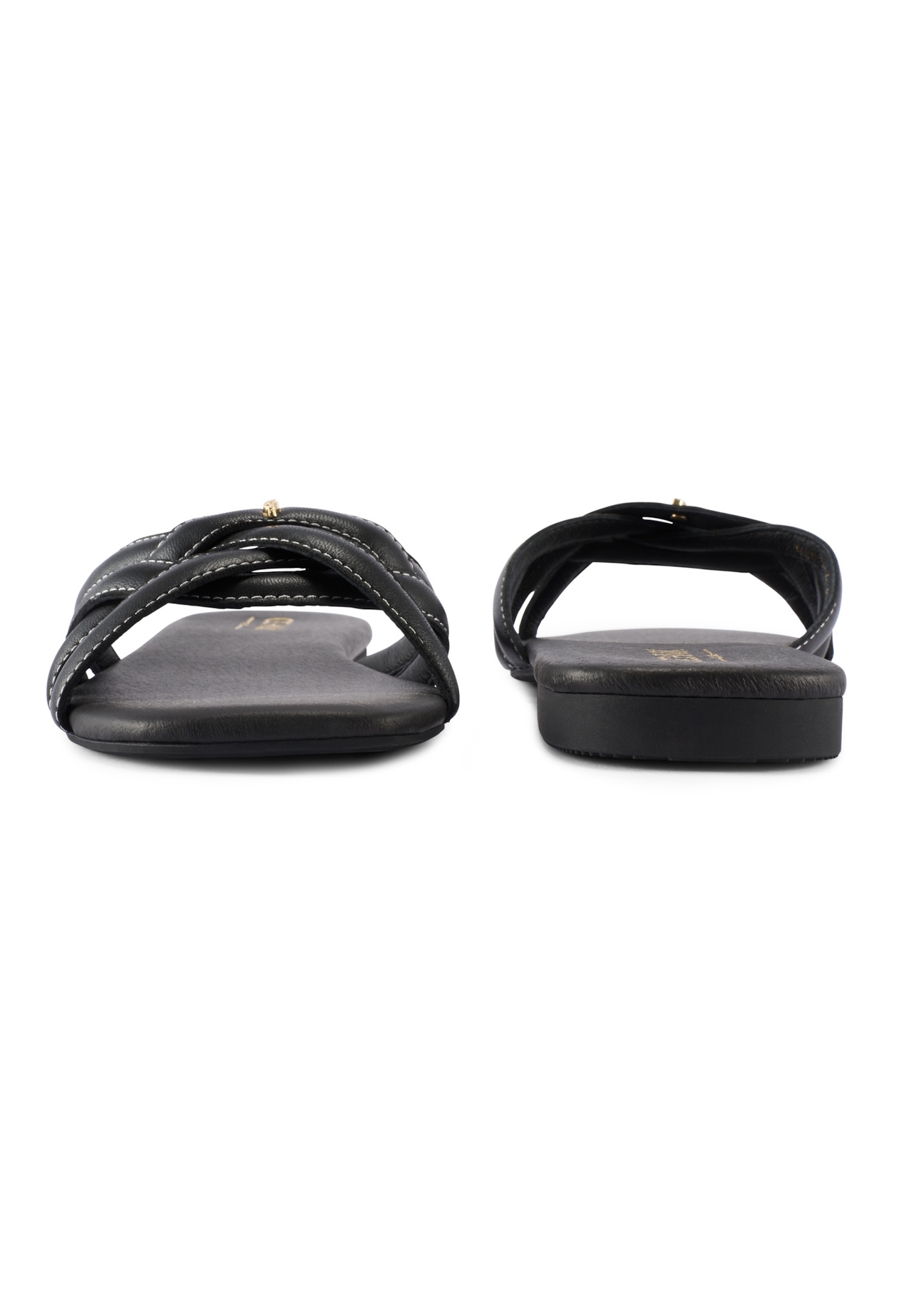 Women's black leather slides with braid BUTYD-1222-99(W26), front and back product view on white background.