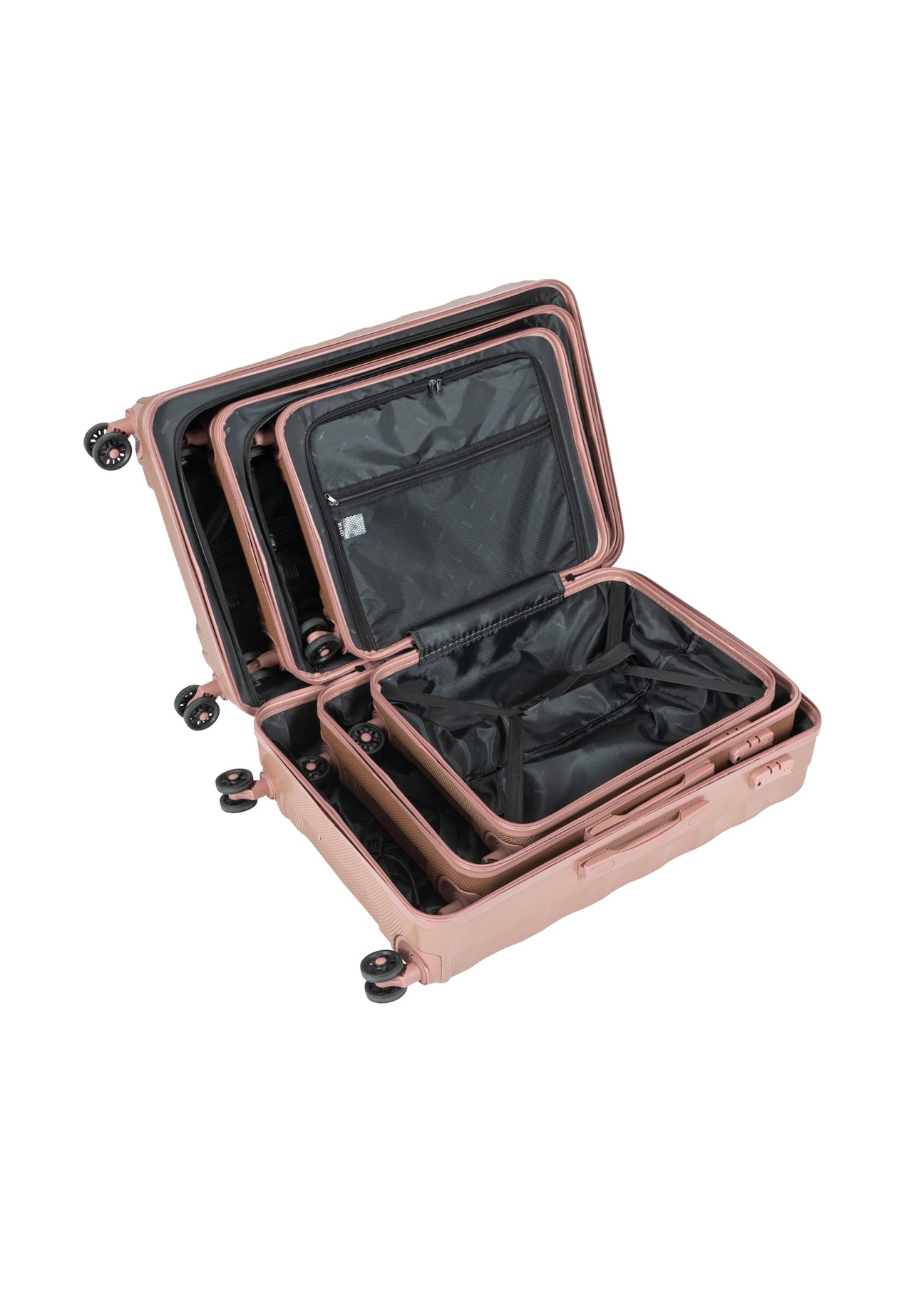 Set of 19'/24'/28' wheeled suitcases WALPC-0015-5B(W26), view of products inside on white background.