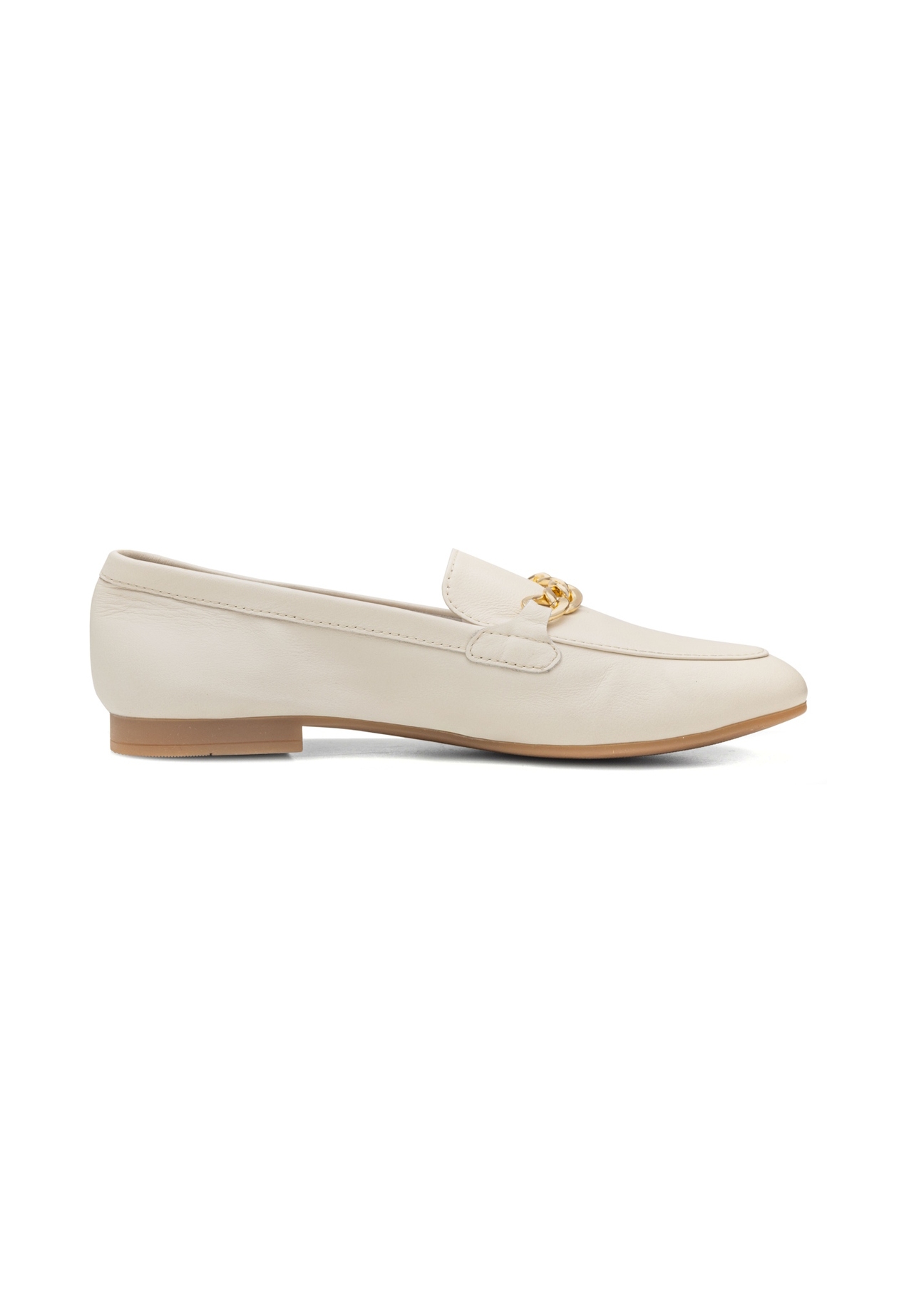 Women's cream leather loafers with chain BUTYD-0914A-0B(W26), side product view on white background.