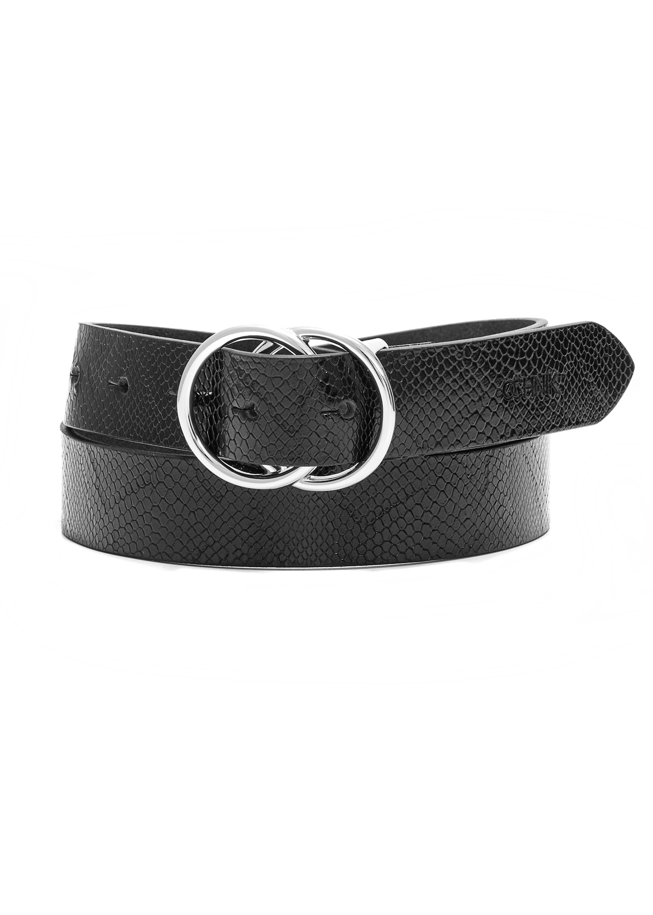 Black women's belt with animal motif PASDS-0172E-98(Z25), front product view on white background.
