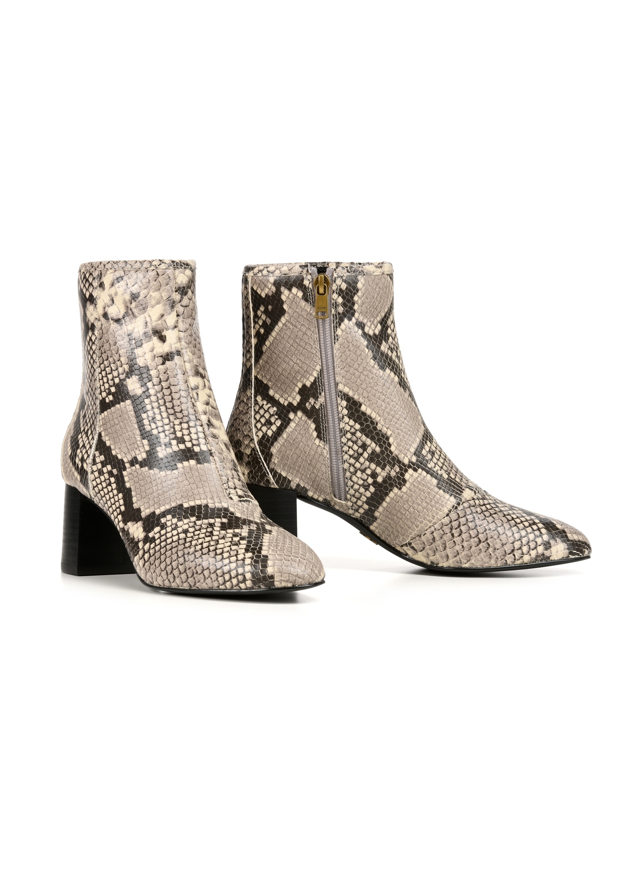 Leather high-heeled ankle boots with snakeskin motif BUTYD-1218-86(Z25), diagonal product view on white background.
