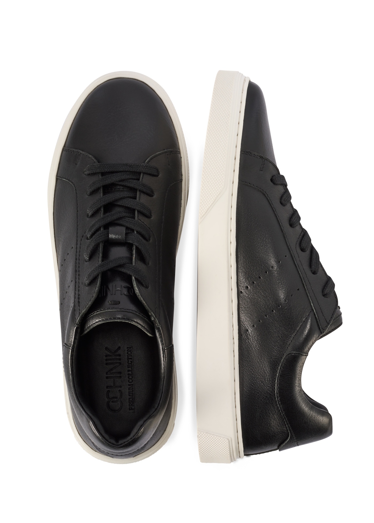Men's black leather sneakers BUTYM-0486-99(W26), top view of the product on a white background.