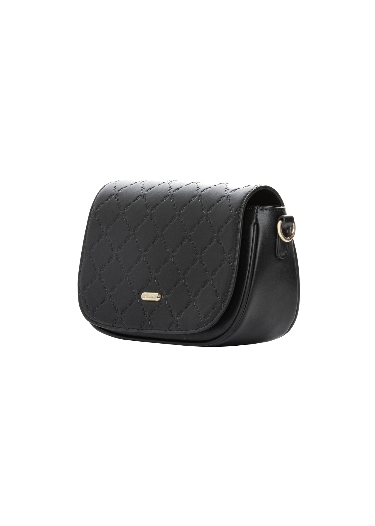 Small black women's messenger bag with monogram TOREC-1289-9P(Z26). Side view, diagonal, on a white background.