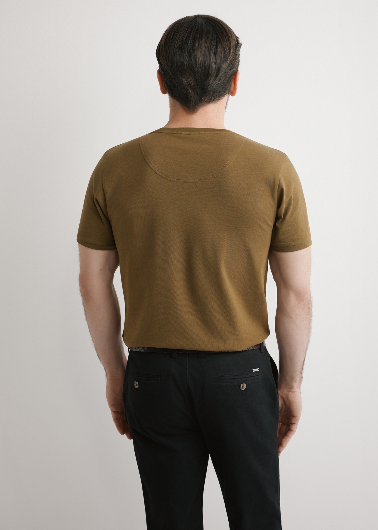 Men's khaki cotton T-shirt TSHMT-0088-8D(W26), back view of the product on the model. Half of the silhouette visible.