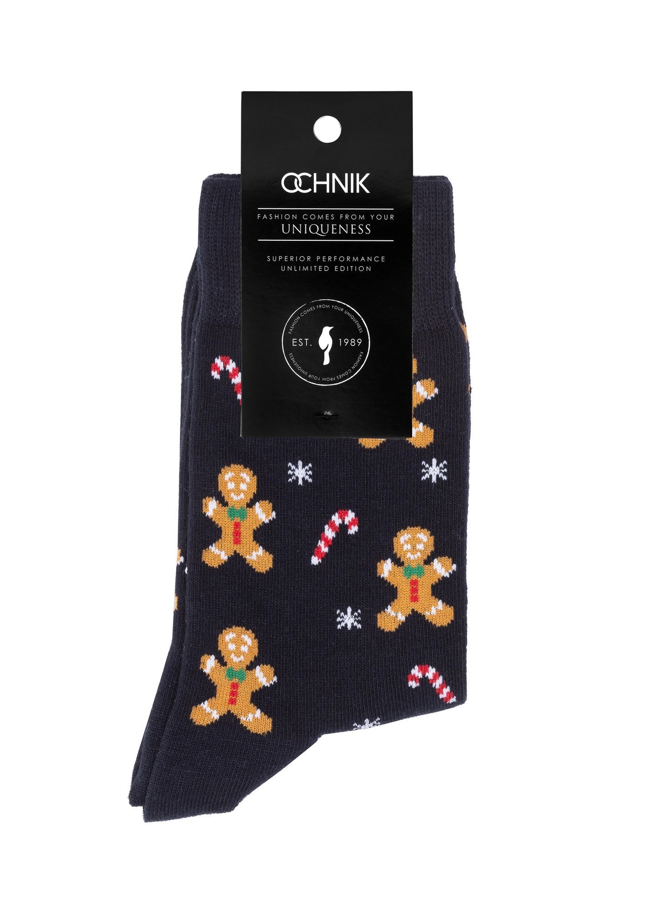 Navy blue men's Christmas socks SKAMT-0183-7D(Z26), product view with packaging on white background.