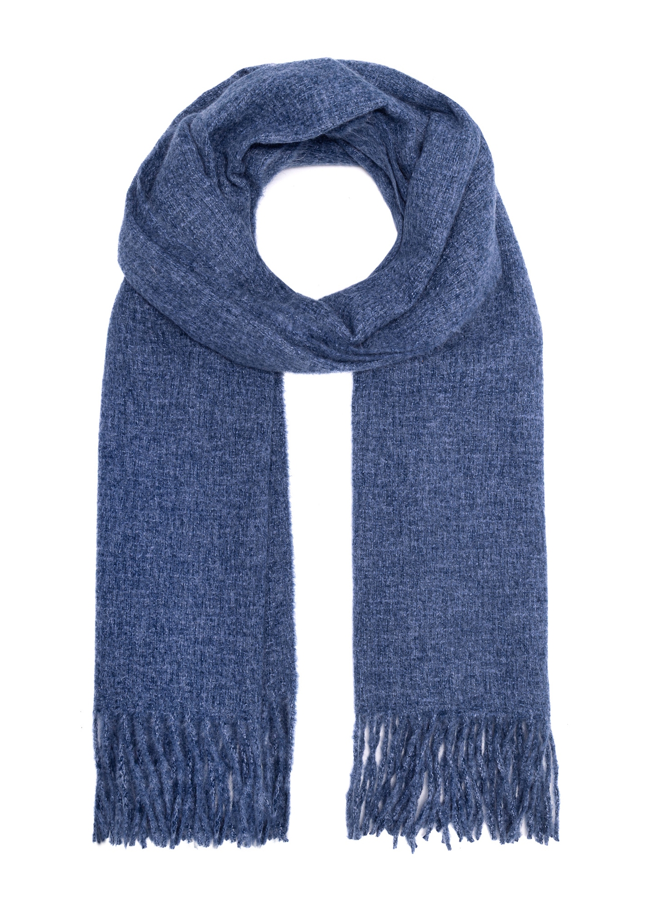 Blue women's scarf with fringes SZADT-0209-61(Z25), front product view on white background.