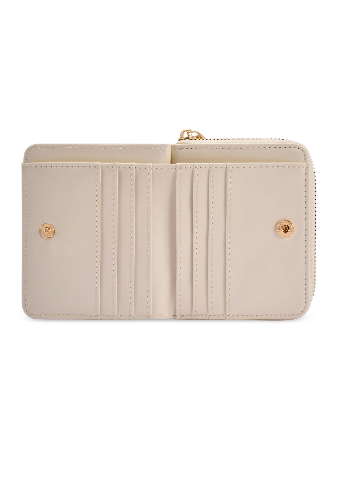 Small beige women's wallet with logo POREC-0366-0P(W26) - product view from above, on white background.