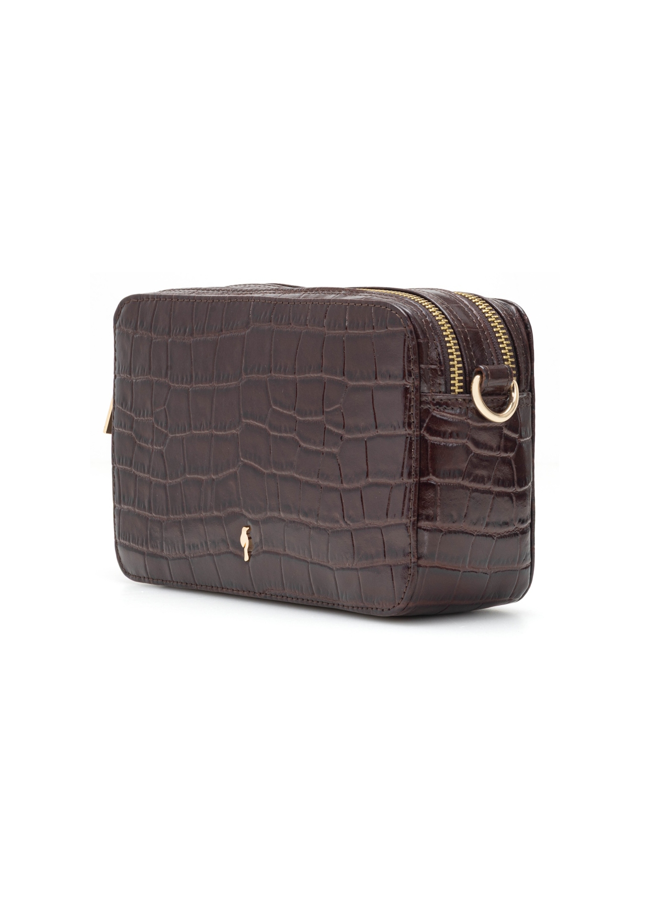 Small brown croco leather handbag TORES-1231-1H(W26), diagonal product view on white background.