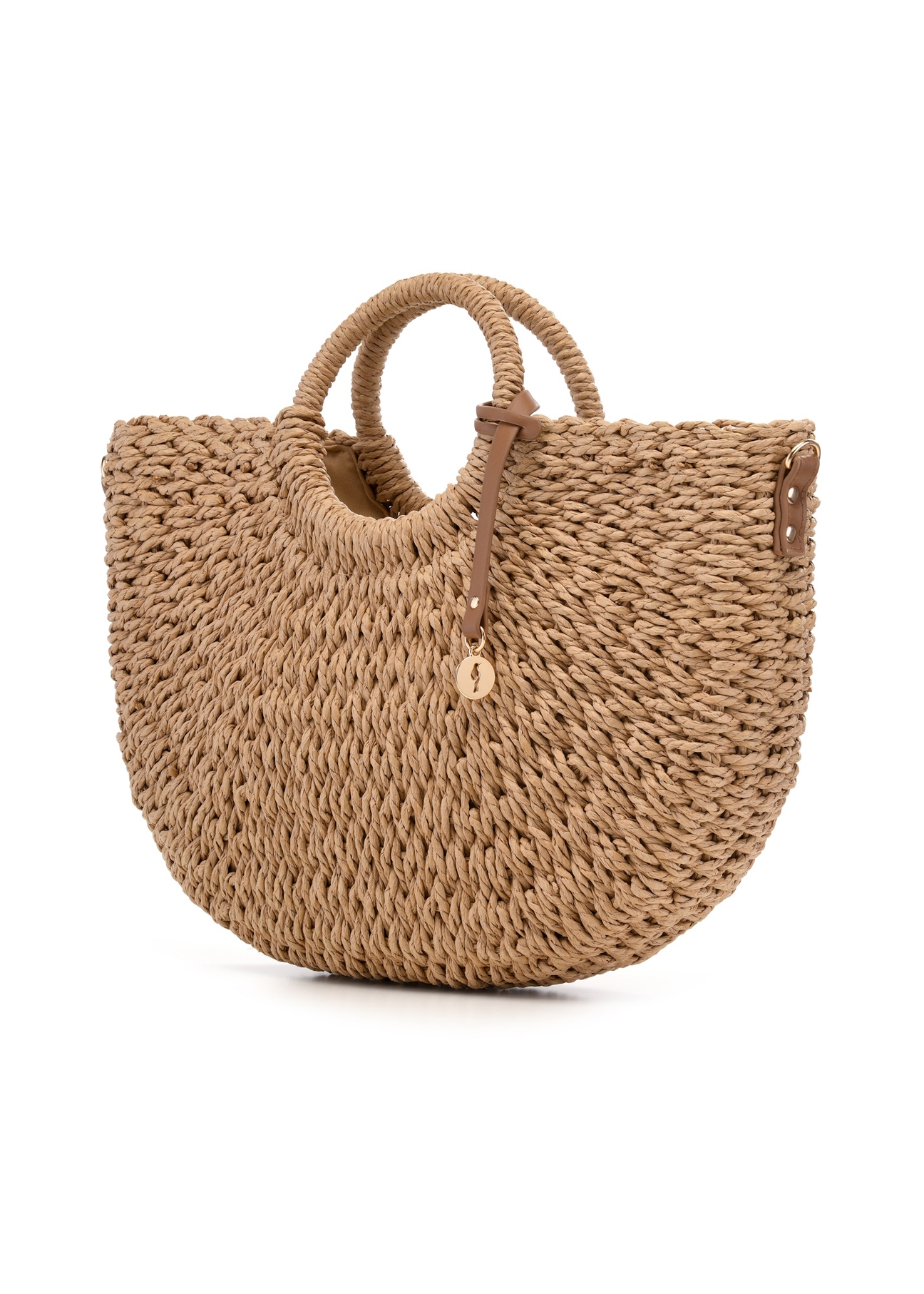 Semi-circular beige woven handbag TOREC-0940-1E(W26), diagonal product view on white background.