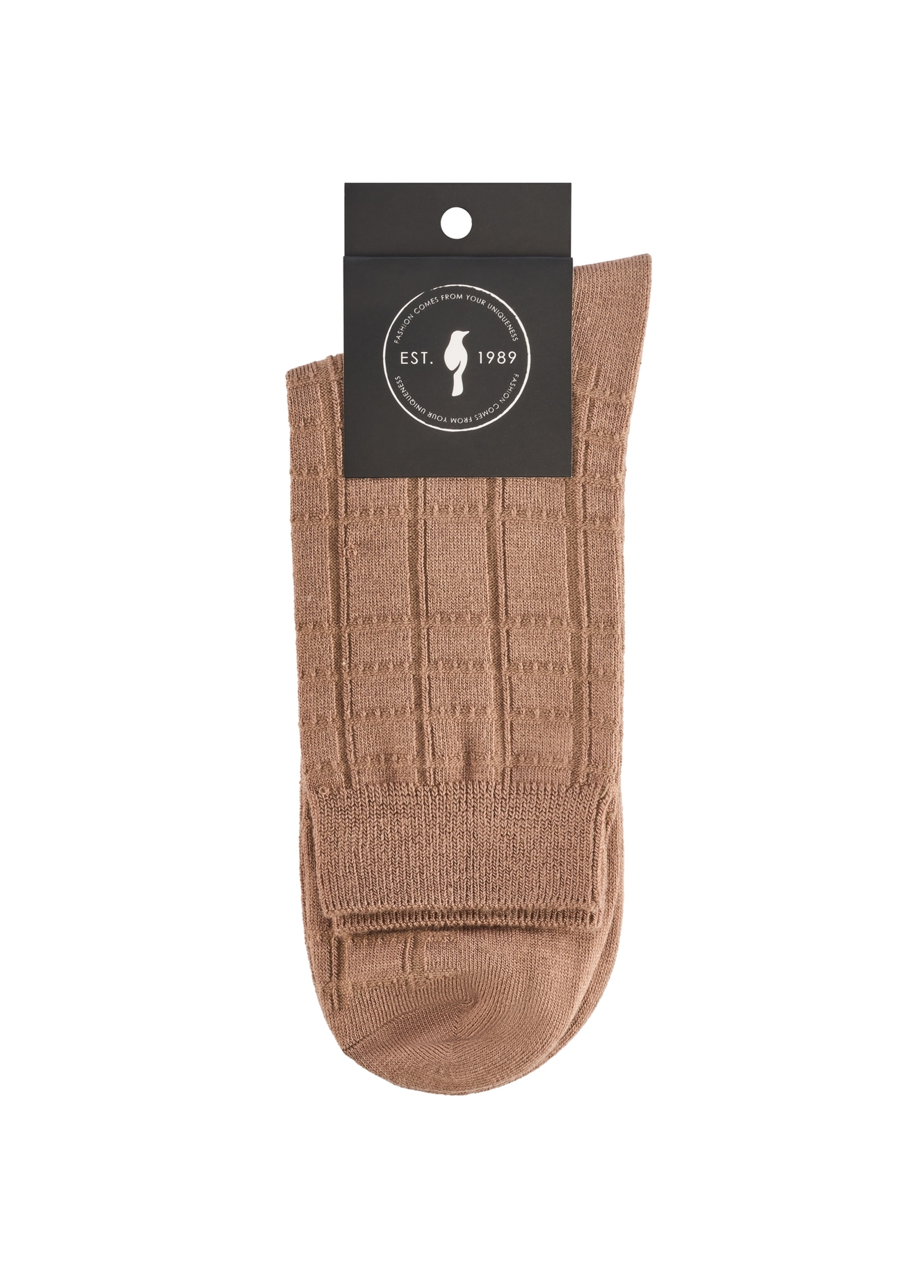 Dark beige men's long socks SKAMT-0201-1C(W26), product view with packaging on white background.