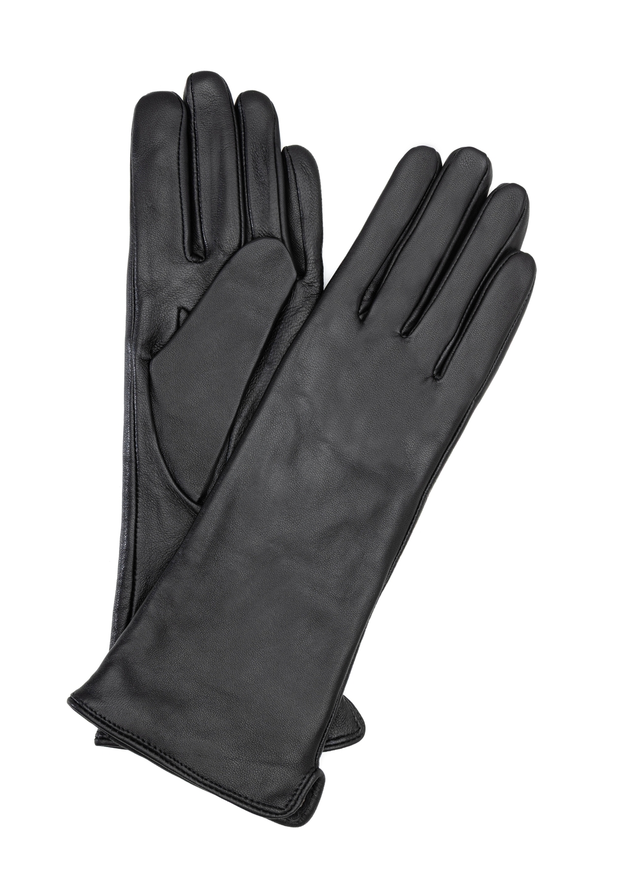 Long brown leather women's gloves REKDS-0082A-89(Z25), product view from the front and back on a white background.