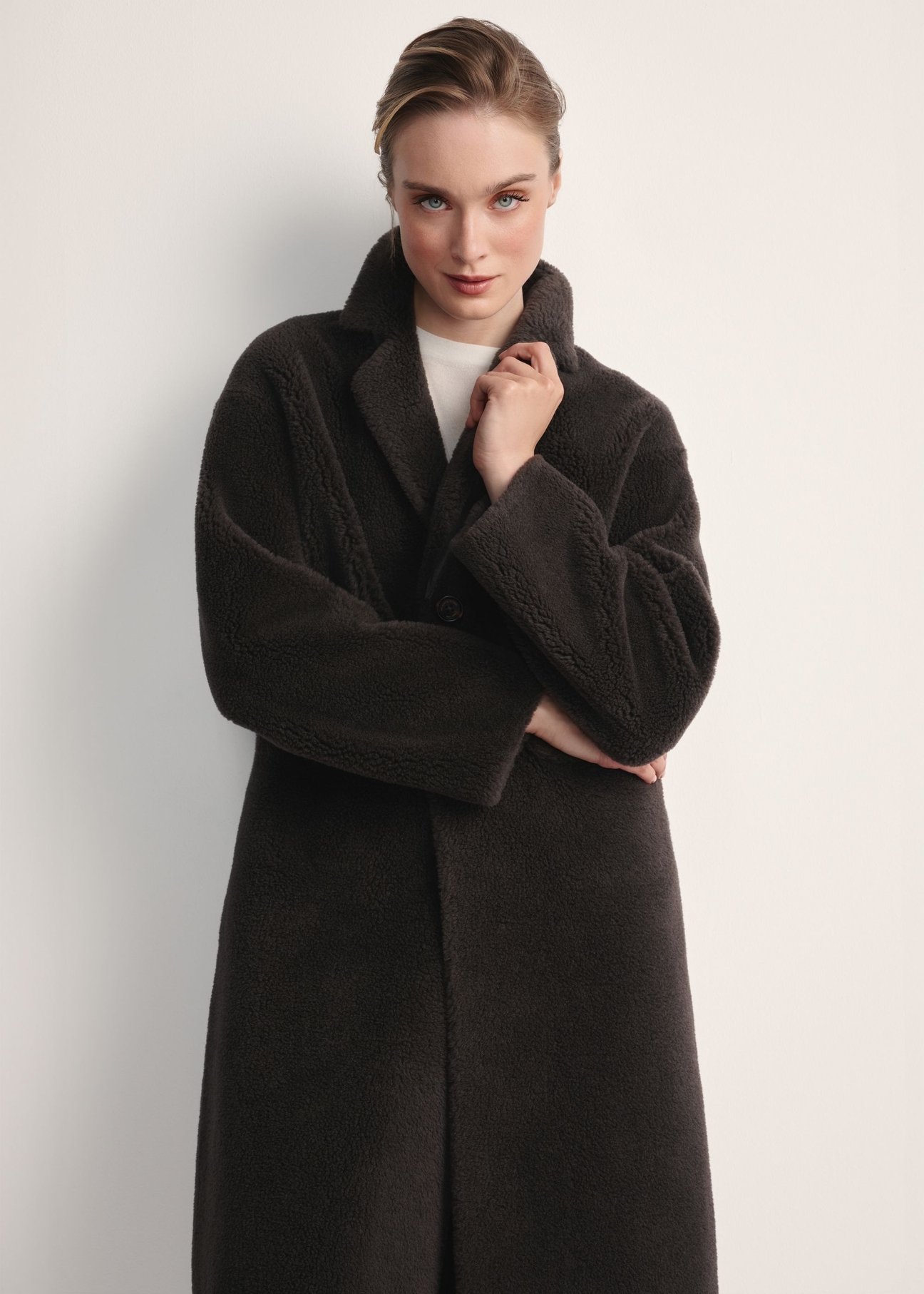 Long graphite women's wool fur coat FUTDW-0034-9D(Z26) - front view of the product on a white background. Half of the silhouette visible.