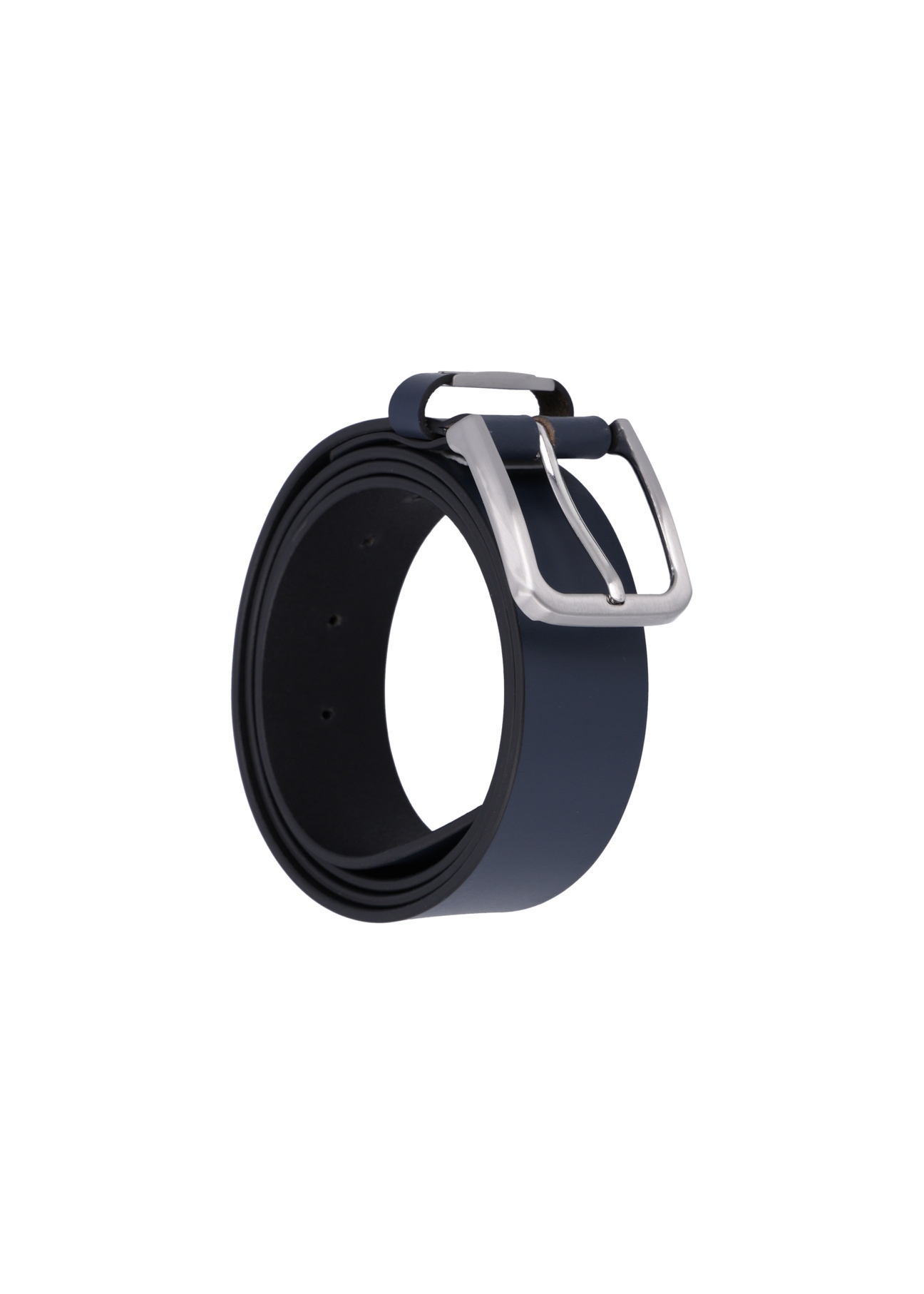 Navy blue men's leather belt PASMS-0273-69(Z26), product view from the front rolled up on a white background.