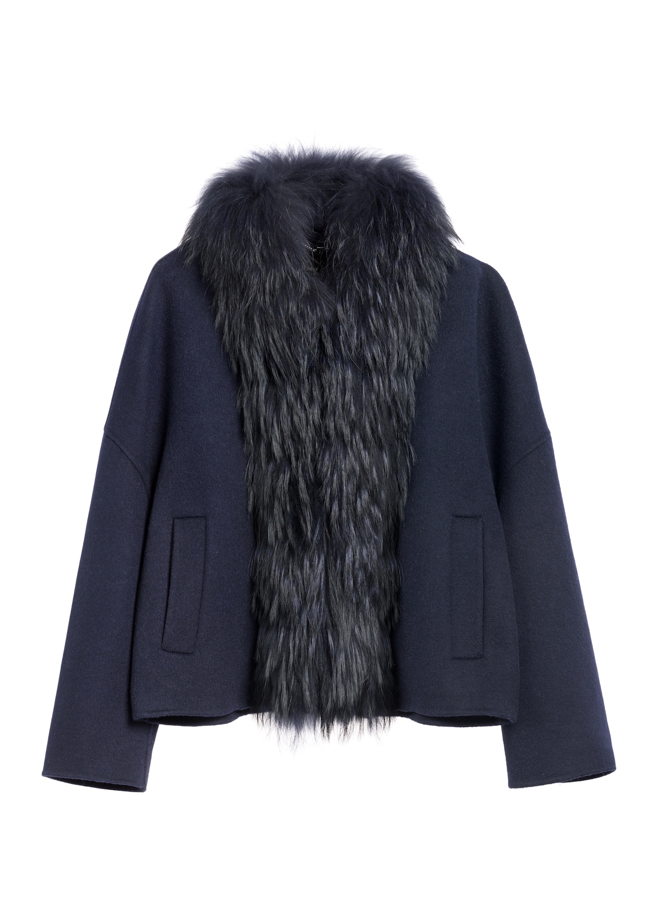Women's short wool fur coat in navy blue color FUTDW-0038-7E(Z26), front product view on white background.