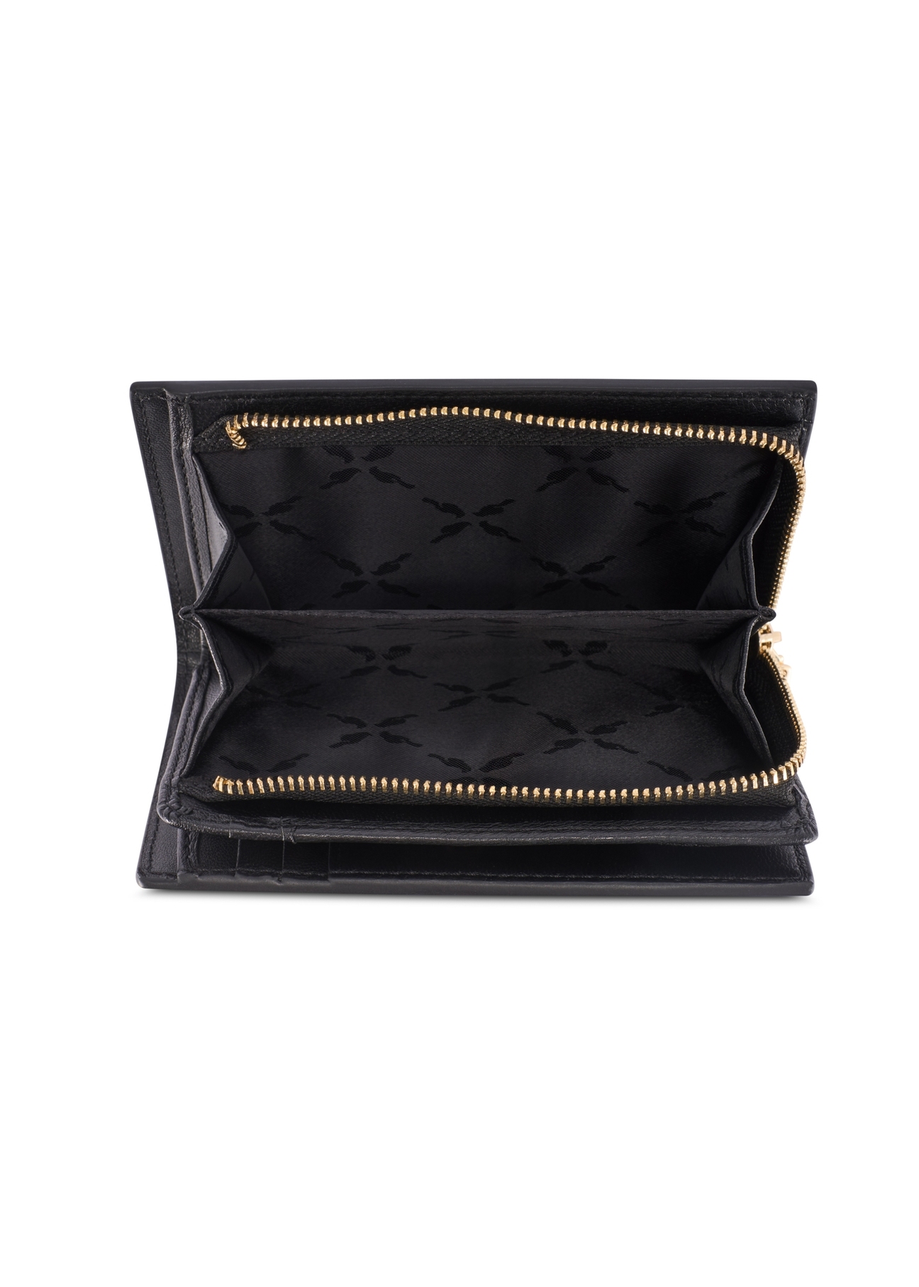 Black leather women's wallet PORES-0980R-9I(W26), product view from the inside on a white background.