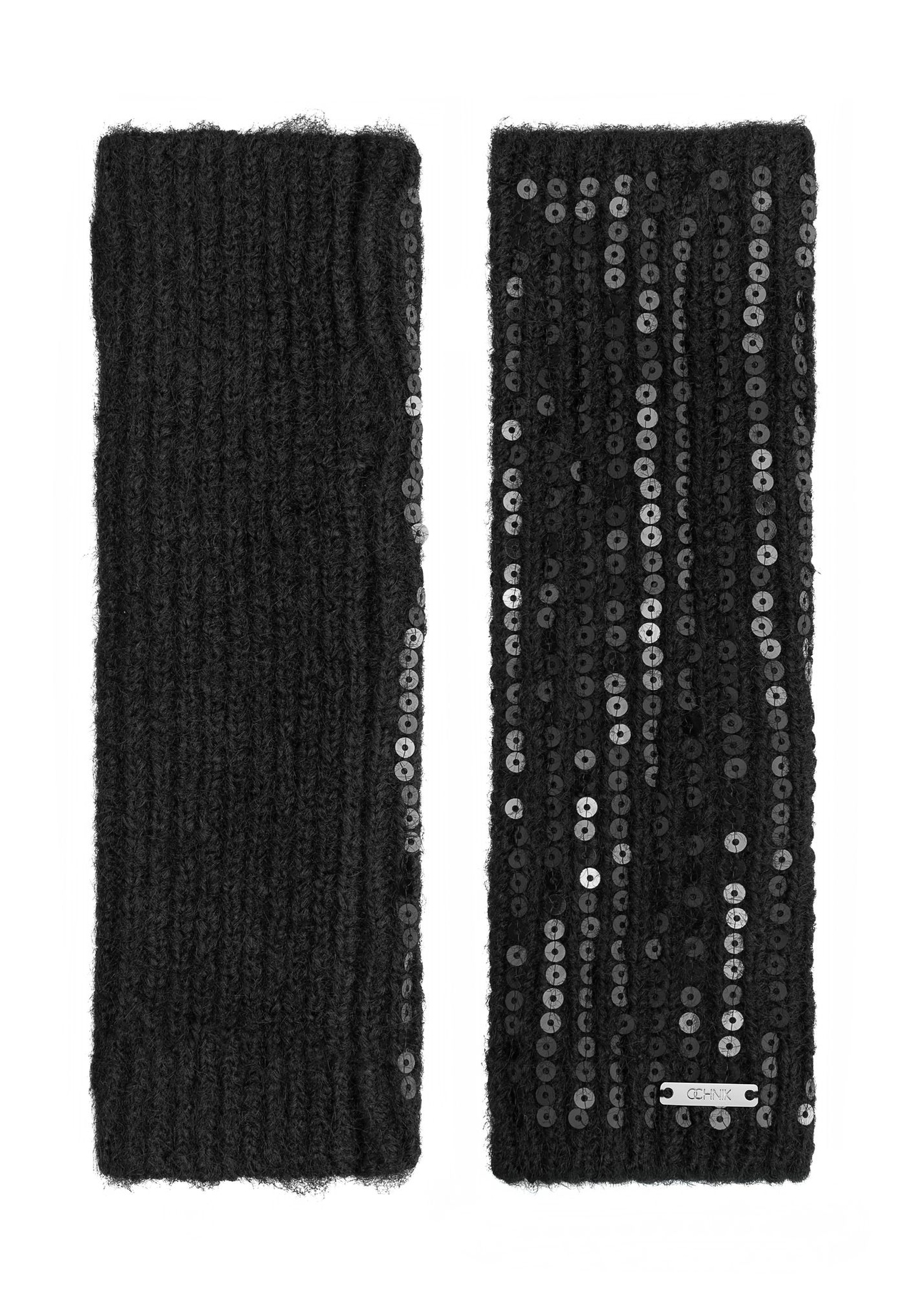 Black women's gloves with sequins REKDT-0034-99(Z25) - product view from above on a white background.