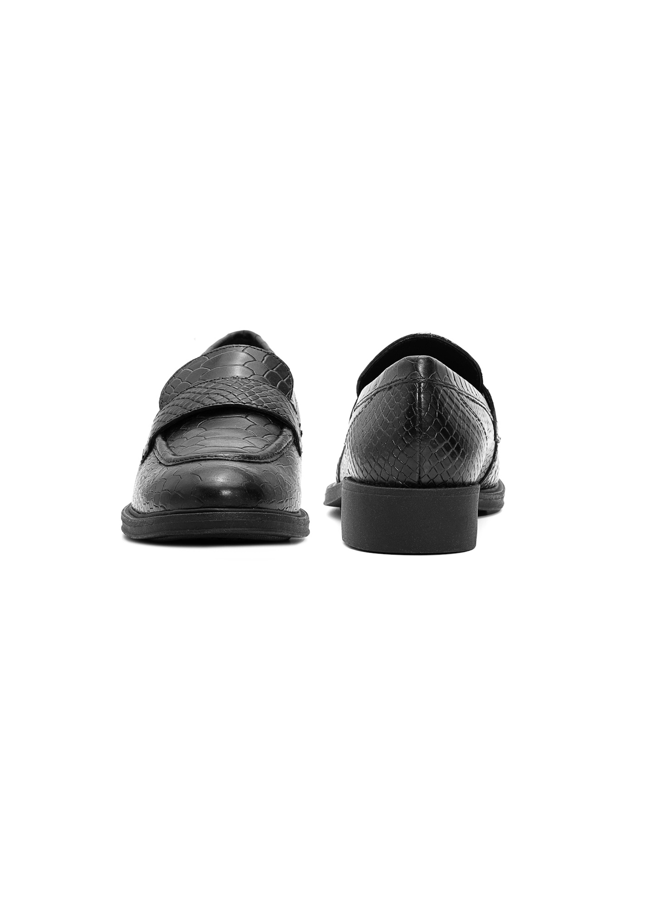 Women's black leather croco moccasins BUTYD-1198-99(Z25), front and back product view on white background.