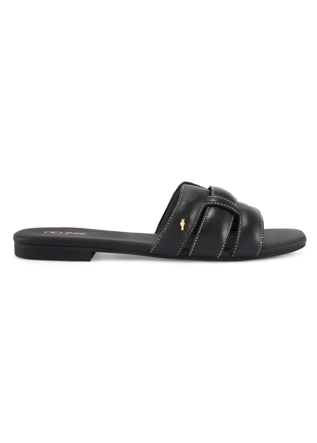 Women's black leather slides with braid BUTYD-1225-99(W26), side view of the product on a white background.