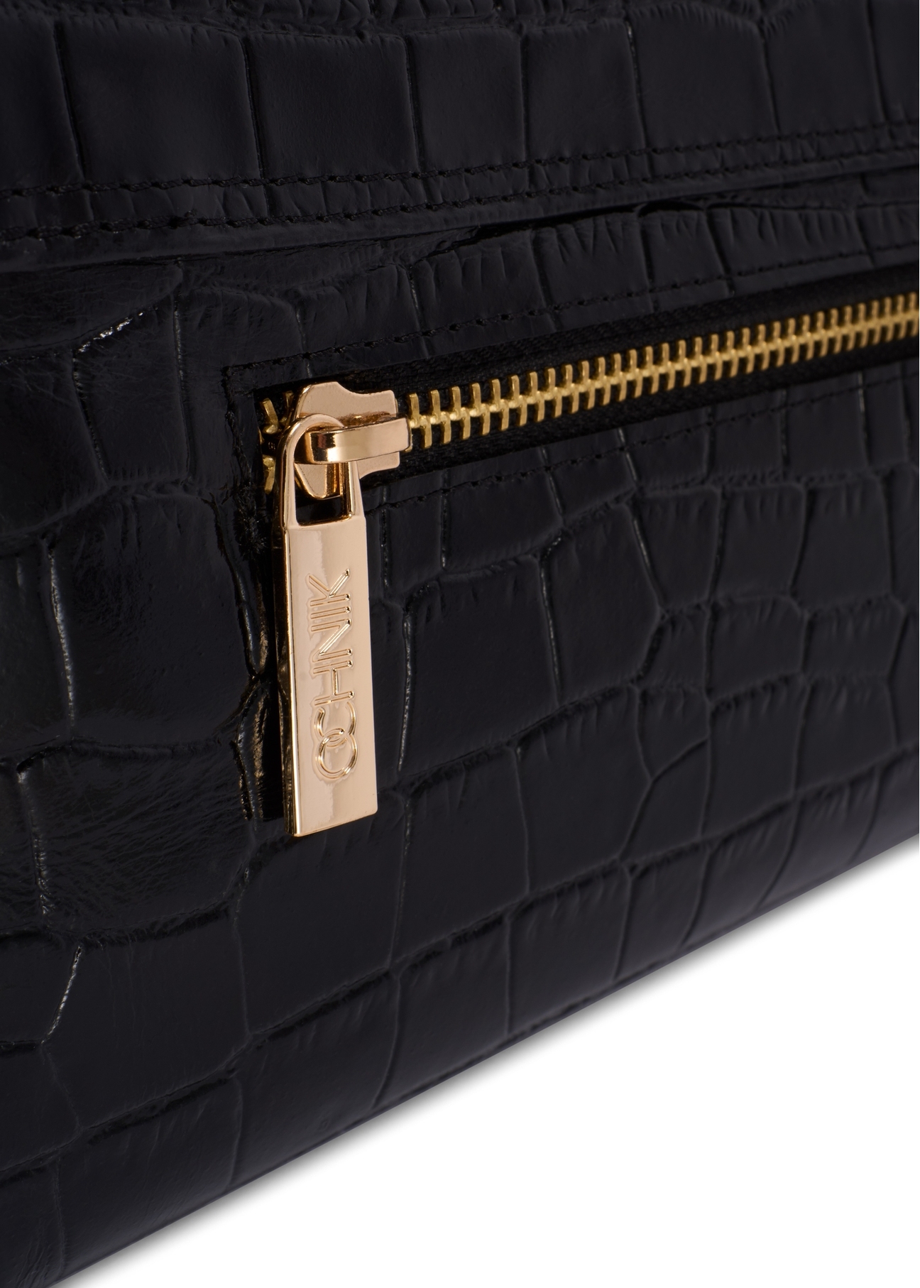 Black leather croco women's handbag TORES-1234-9G(W26), close-up of product detail, view on white background.