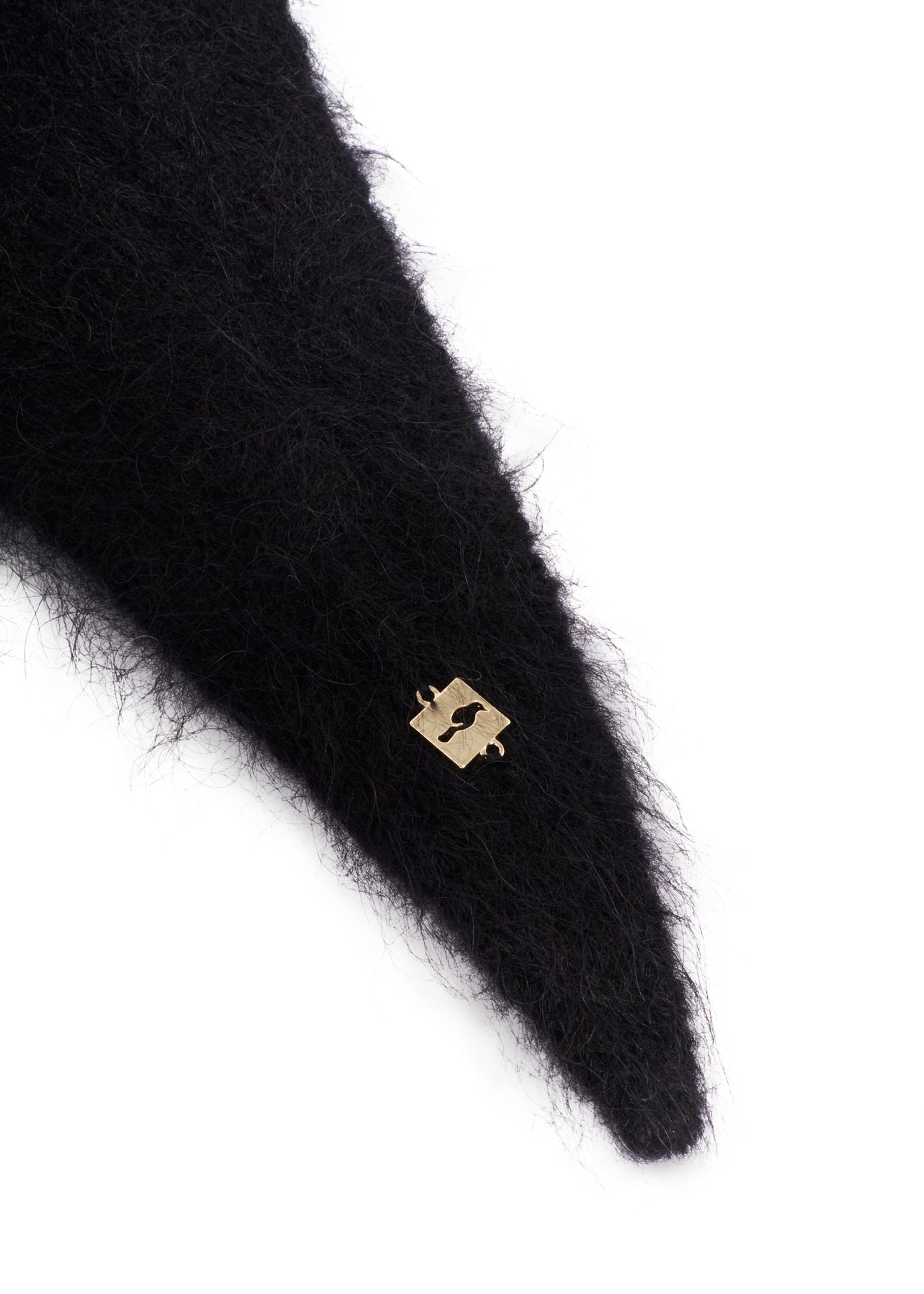 Black women's scarf made of alpaca wool SZADT-0223-99(Z26) - close-up of the detail, on a white background.