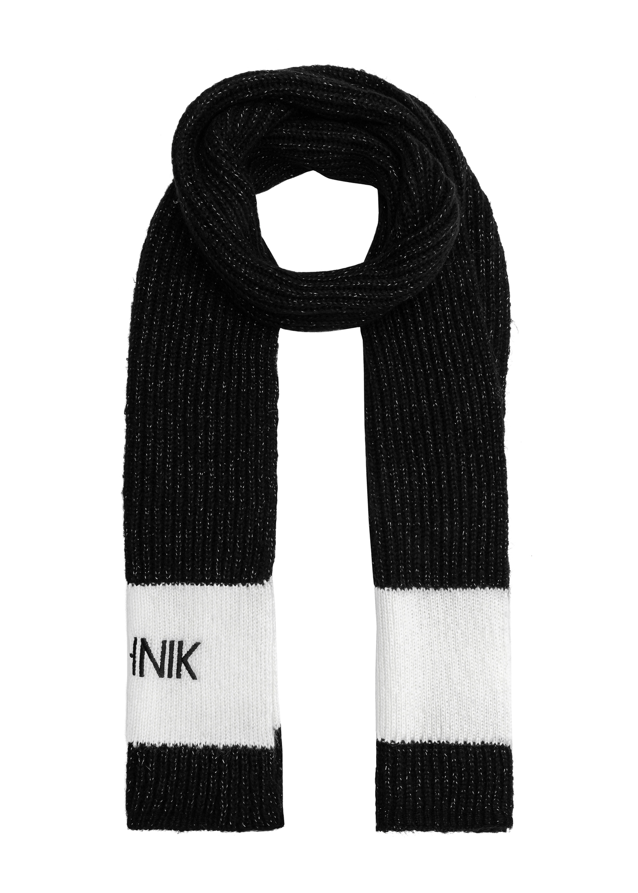 Black women's scarf with OCHNIK SZADT-0125A-99(Z25) logo, view of the rolled-up product on a white background.