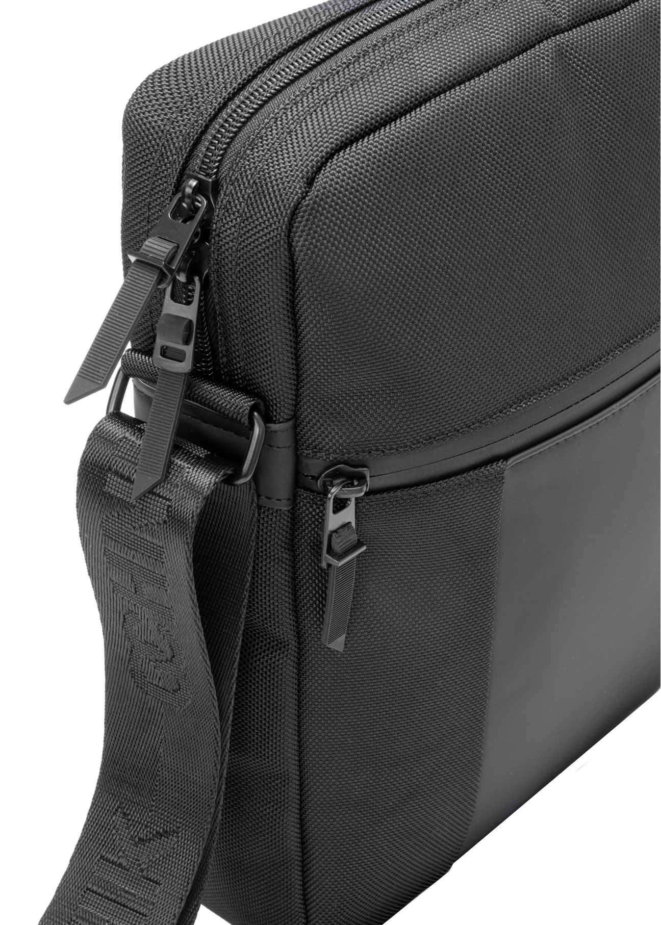 Men's city bag in black TORMN-0402-99(W26) - close-up of detail, on white background.