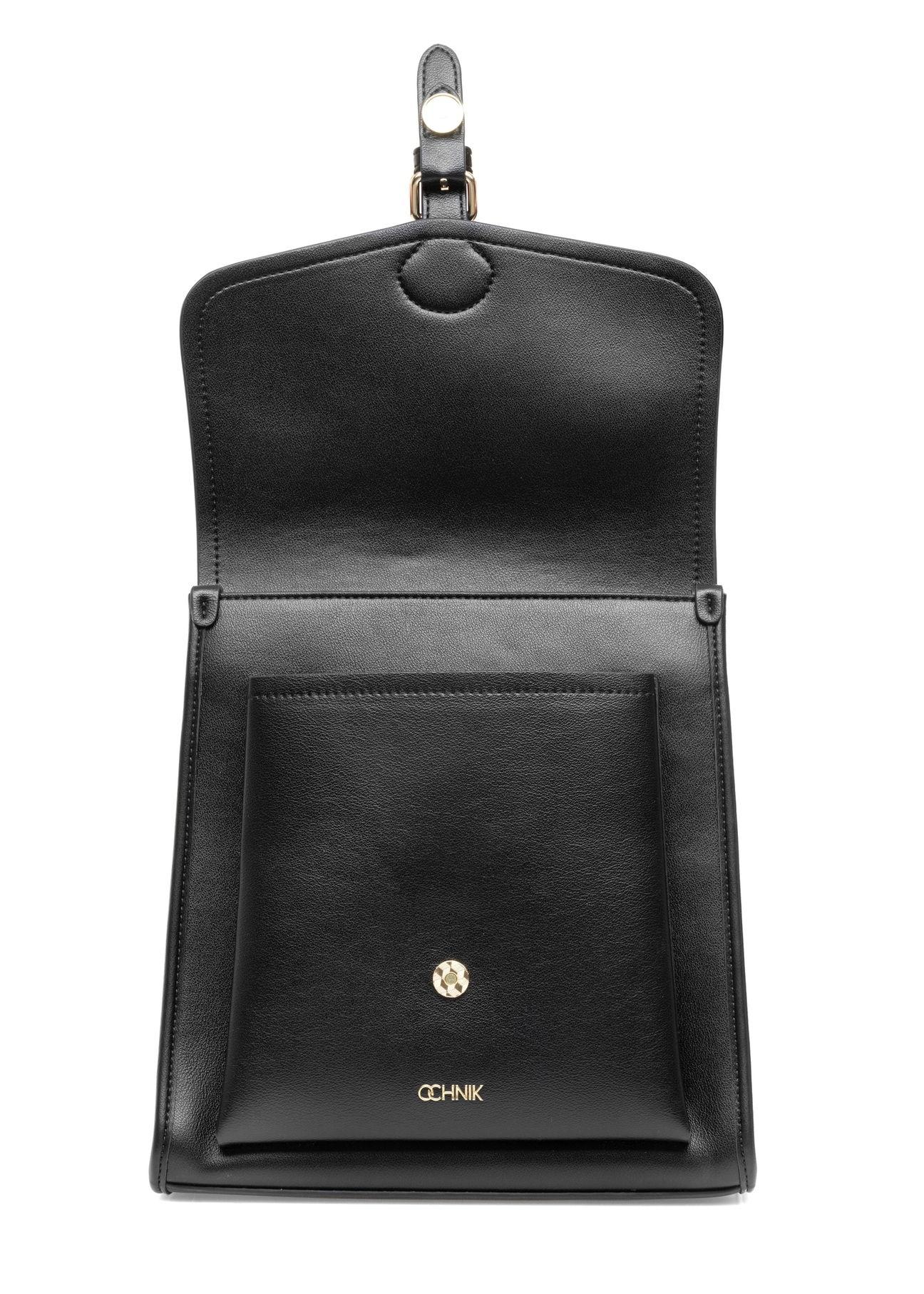 Black medium elegant women's backpack TOREC-0985A-99(Z25), product visible from the front with an open pocket on a white background.