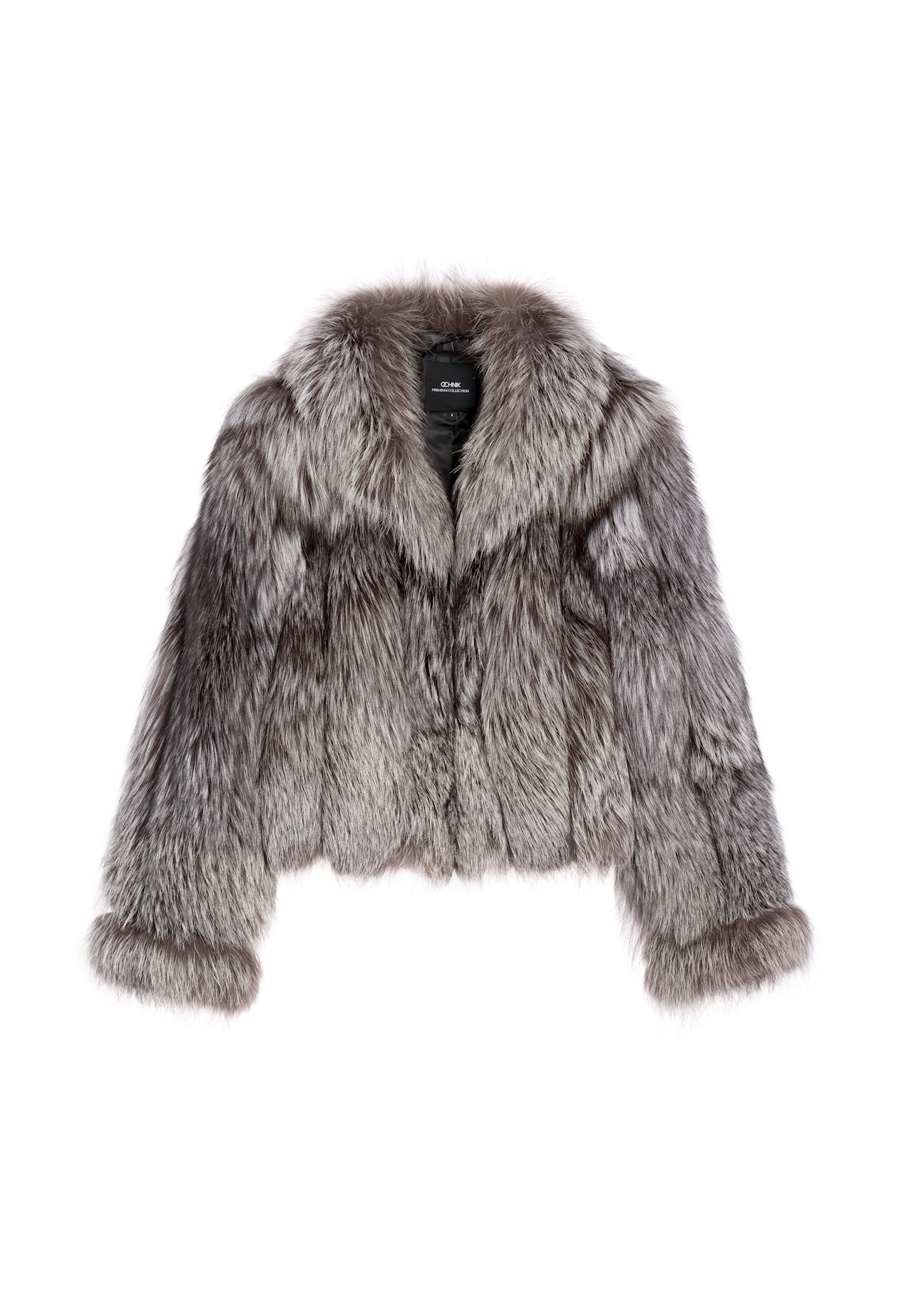 Women's natural fur coat in gray color FUTDF-0110-3179(Z25) - front view of the product on a white background.