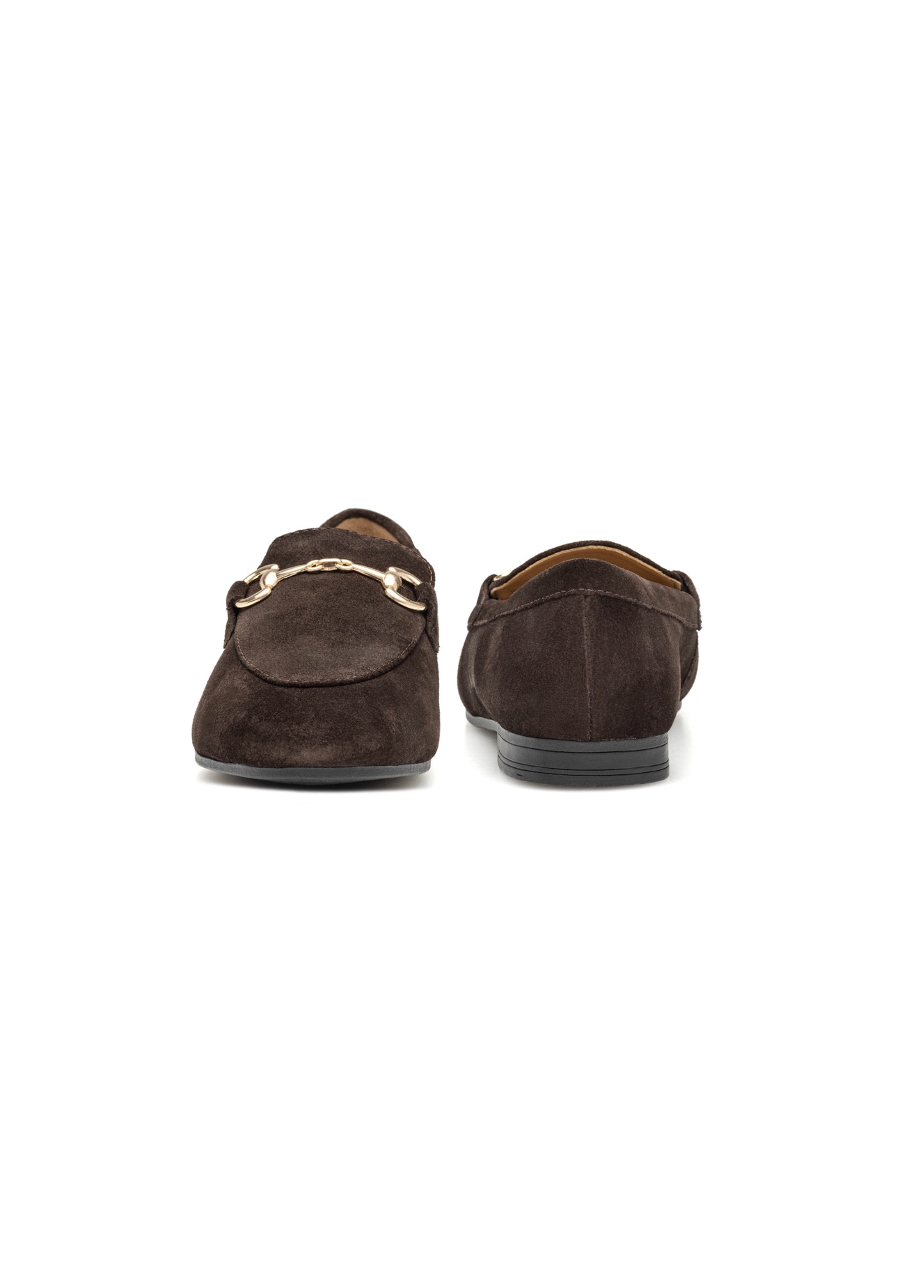 Women's brown suede moccasins BUTYD-1257-1I(W26), front and back product view on white background.
