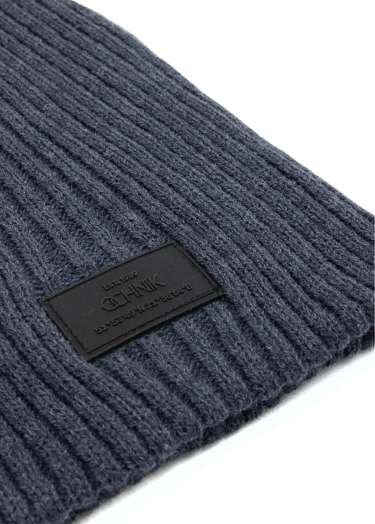 Navy blue men's winter hat CZAMT-0011-69(Z25), close-up of product detail, view on white background.